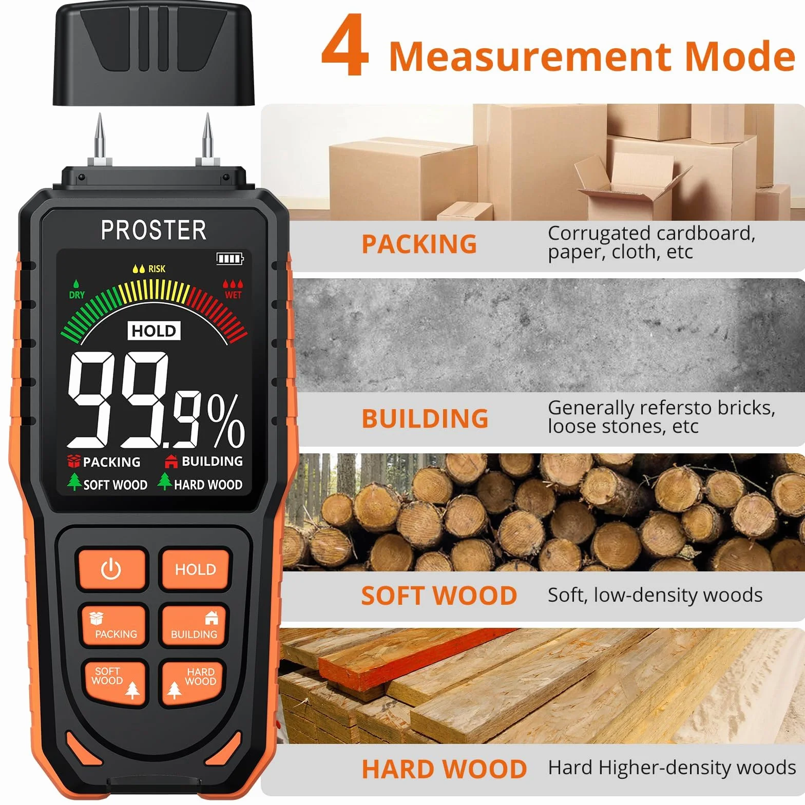 Proster Humidimètre Numérique à Broche Remplaçables Haute Précision 4 Modes Écran LCD Couleur Testeur Humidité Portable Rechargeable