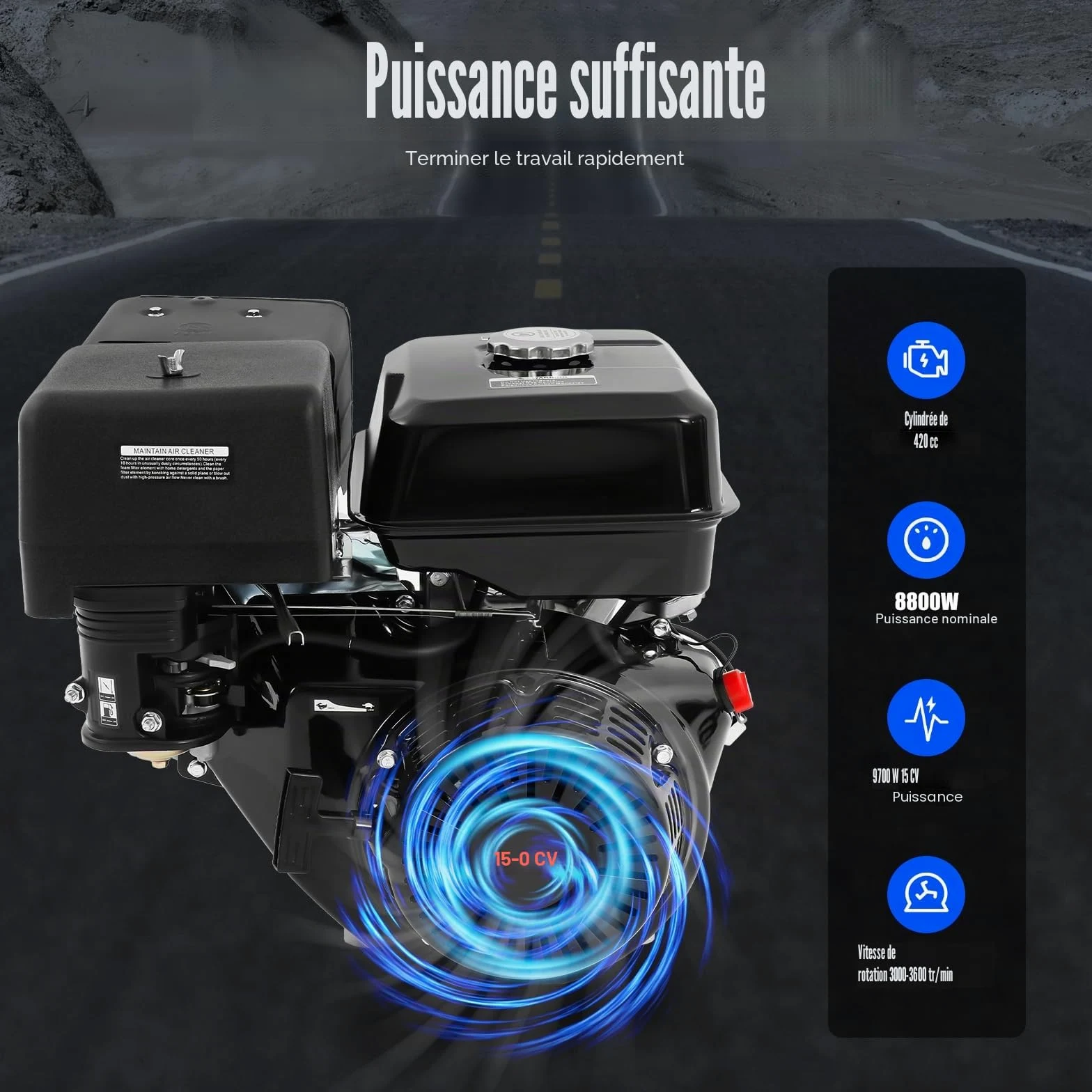 Moteur à essence 4 temps 15 CV 420 CC - Moteur sur pied - Moteur industriel - Refroidissement par air OHV - Arbre de 25 mm - 3600 tr/min - Avec fonction d'alarme d'huile - Pour karts, nettoyeurs haute