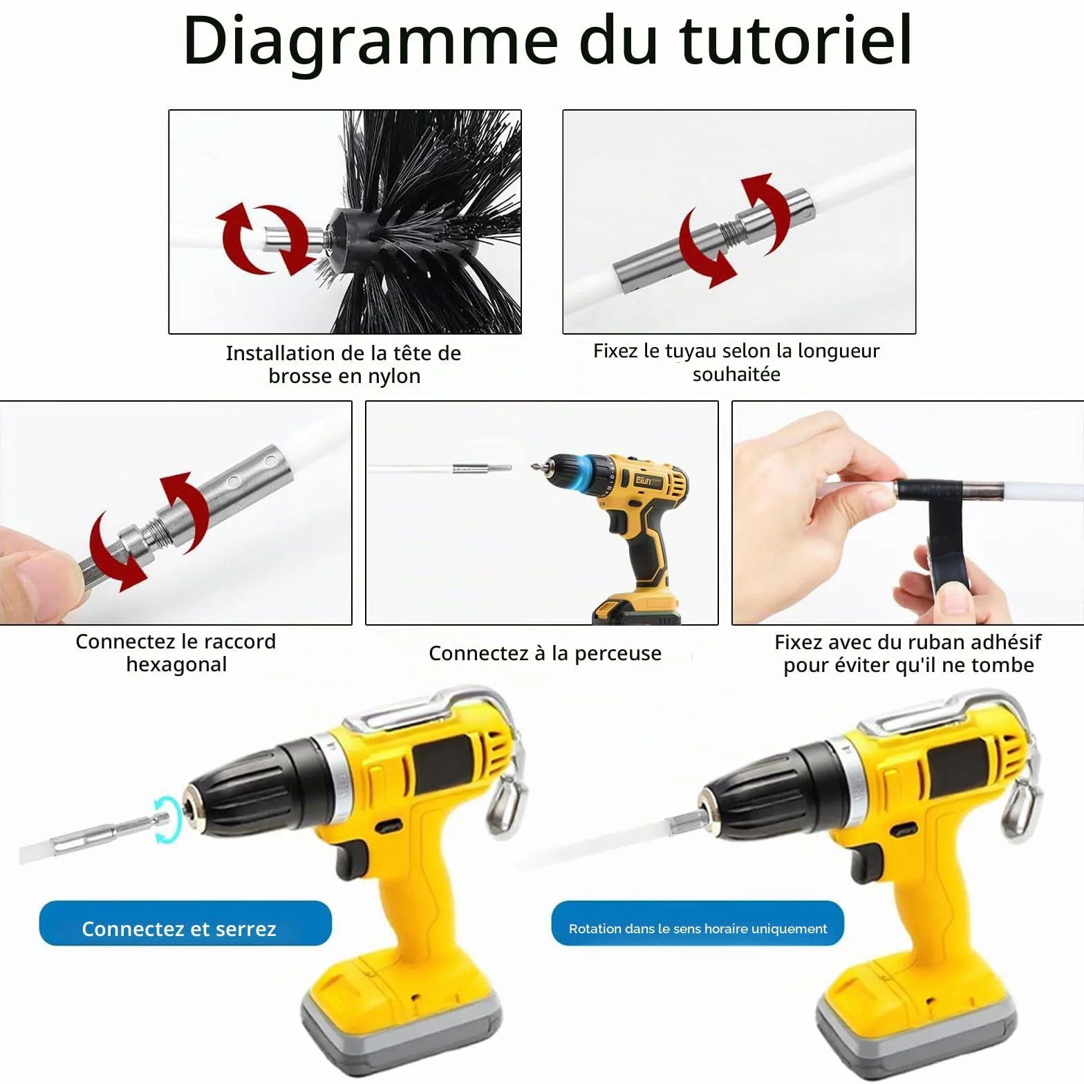 Kit Brosse Nettoyage Cheminée 150 mm Ramonage Nylon avec 9 Tiges Flexibles