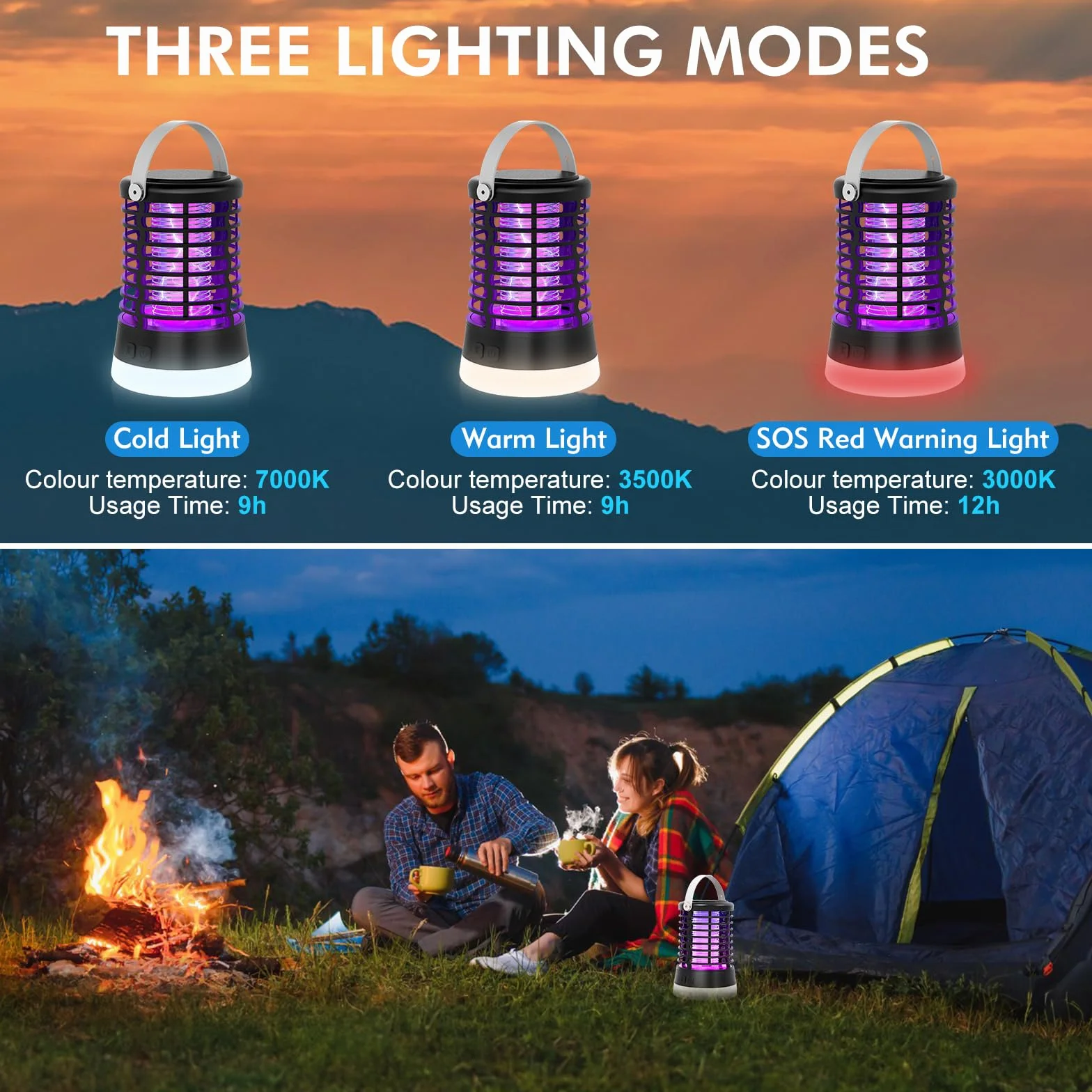 Lampe Anti Moustique Exterieur, Appareil Anti Moustique pour Camping avec Lumière LED, Destructeur d'Insectes, USB Rechargeable, IP66 Étanche, Batterie 2200mAh, Piege à Moustique Electrique