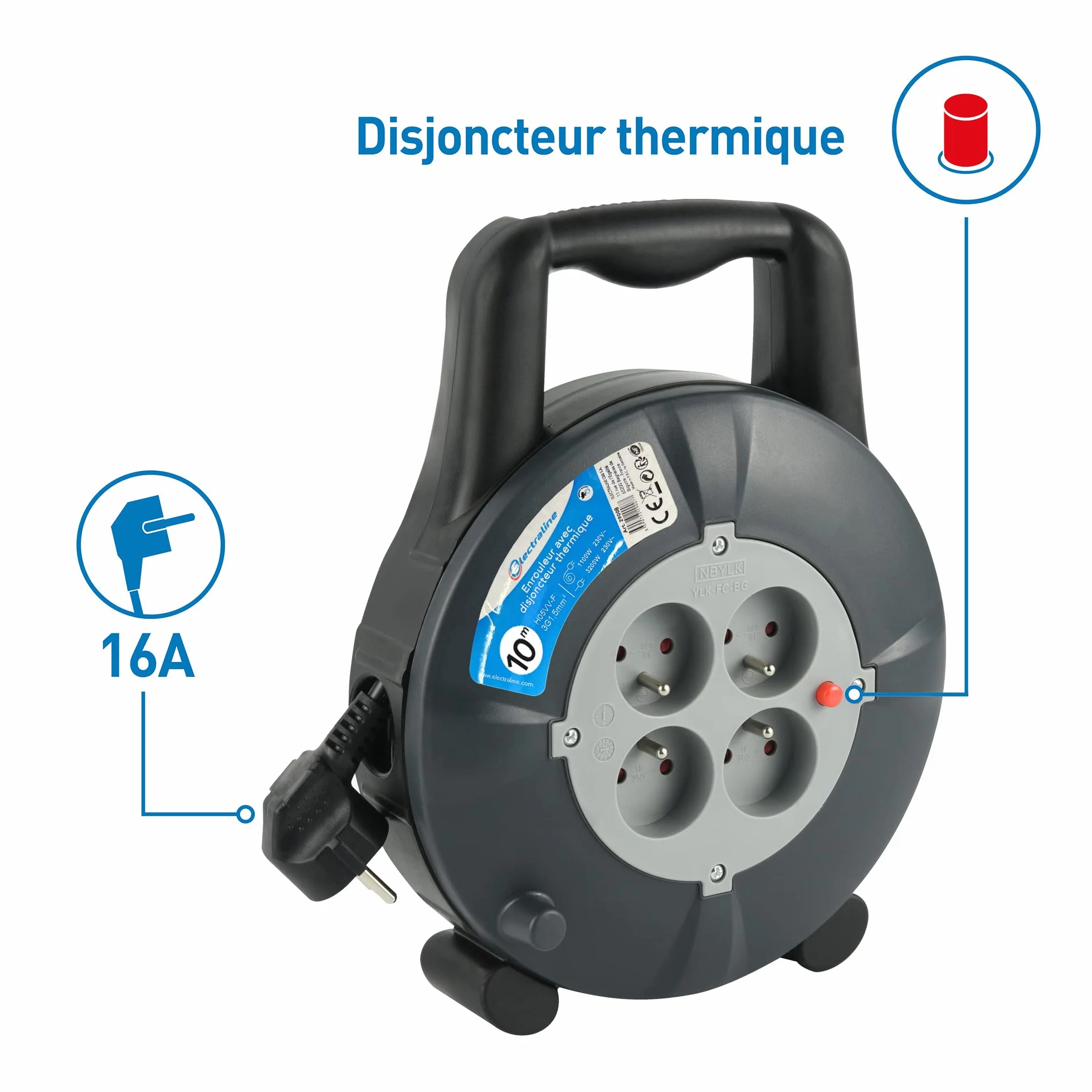 Electraline Enrouleur Rallonge 10m 16A 3G1,5 mm²