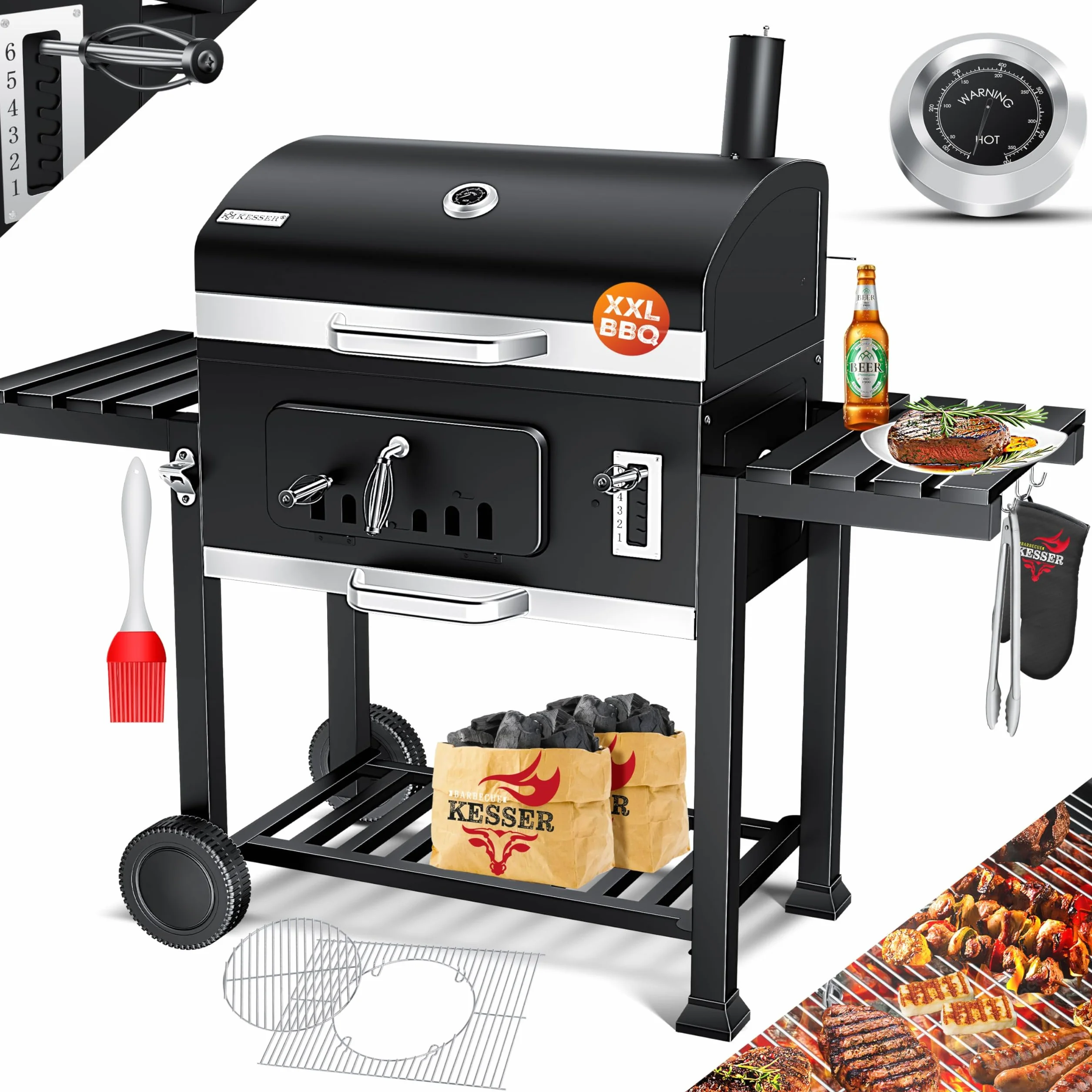 KESSER® Chariot à Barbecue | Grill XXL à Charbon de Bois avec Couvercle, Roues, poignée en Acier Inoxydable, Grille et thermomètre | Grand Barbecue au Charbon de Bois