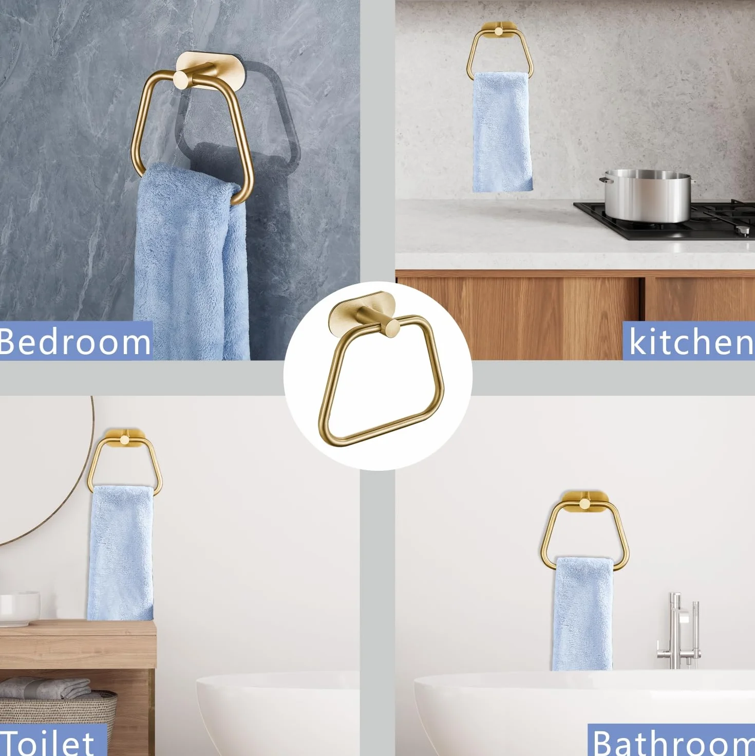 Anneau Porte-Serviette Autocollant en Acier Inoxydable 304 pour Salle de Bain et Cuisine, Trapézoïdal Or