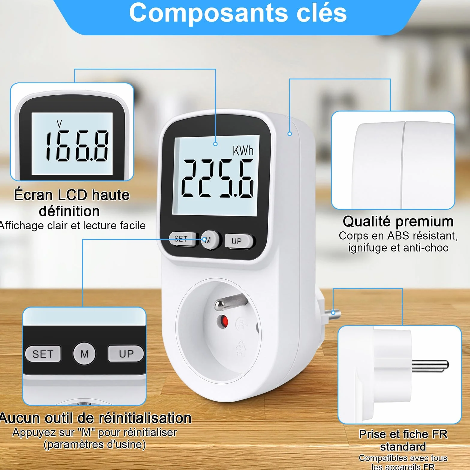 Wattmètre Prise Consommation Electrique, Compteur d'Énergie LCD 3680W Protection Surcharge