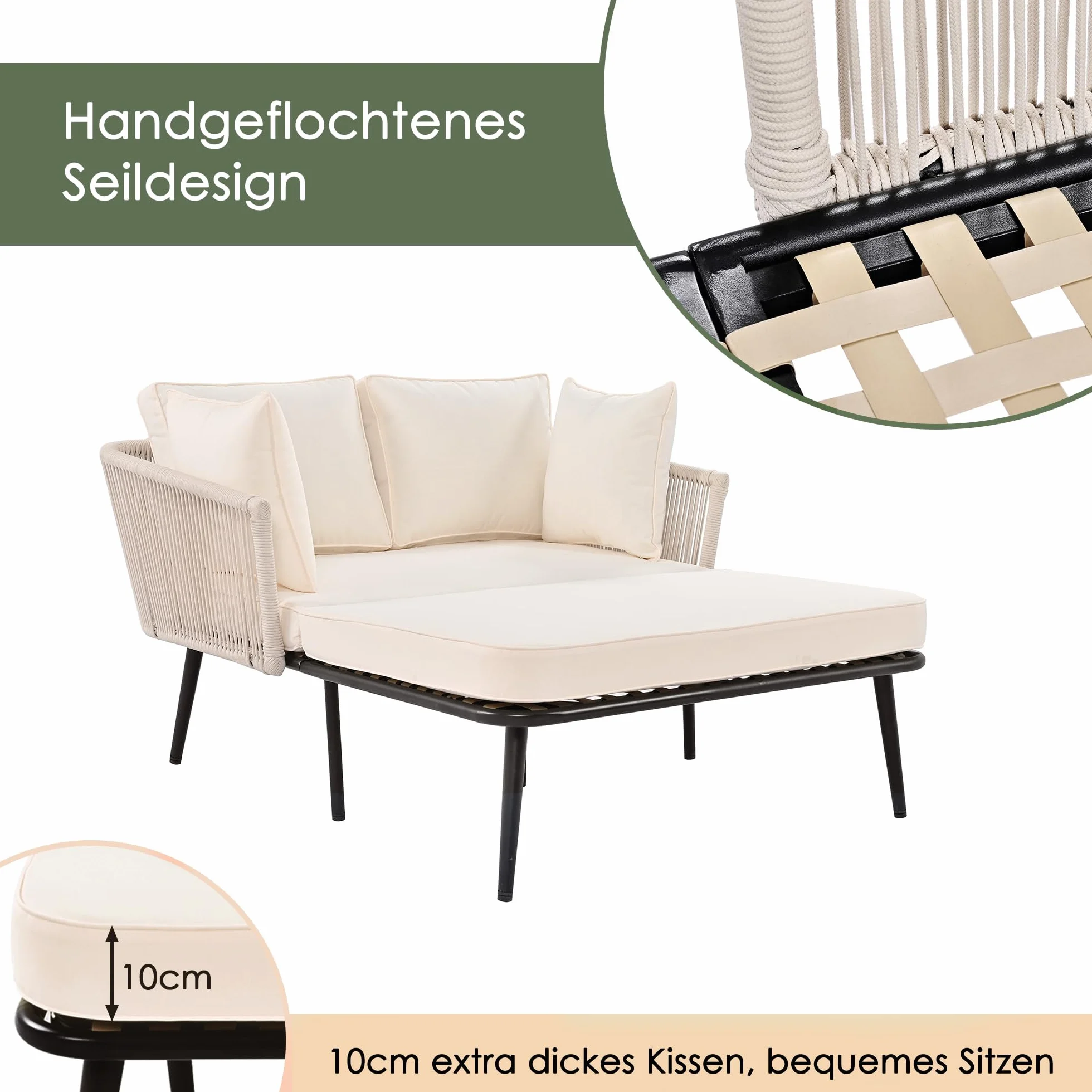 Merax Chaise longue de jardin d'extérieur avec 2 coussins et 2 coussins rembourrés, coussins amovibles et lavables, pour balcon, terrasse, salon de jardin, beige