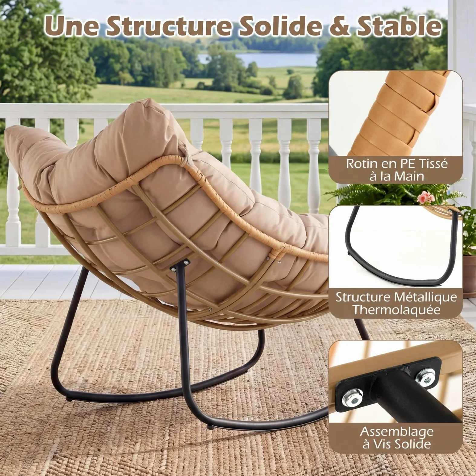 COSTWAY Fauteuil à Bascule Exterieur Interieur XXL, Fauteuil de Jardin en Rotin PE Tressé, Cadre en Métal, Coussin Épais Amovible, Rocking Chair pour Balcon Salon Porche, Charge 140 kg (Beige)