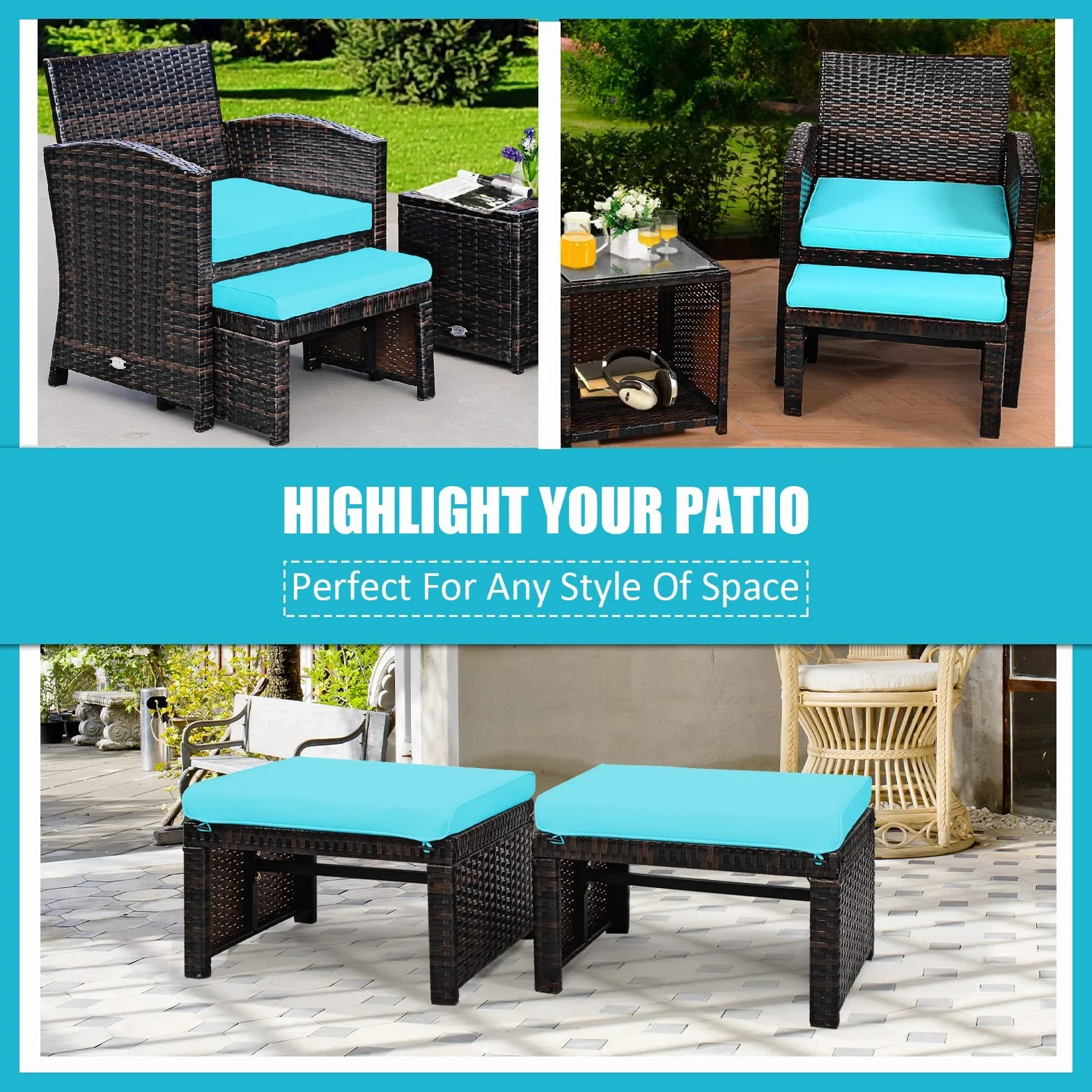GIANTEX Lot de 2 Tabourets en Rotin de Jardin, Repose-Pieds pour Chaises Longues avec Coussin Imperméable Amovible, Poufs pour Siège de Jardin, Patio, Terrasse, 49 x 40 x 33 CM (Turquoise)