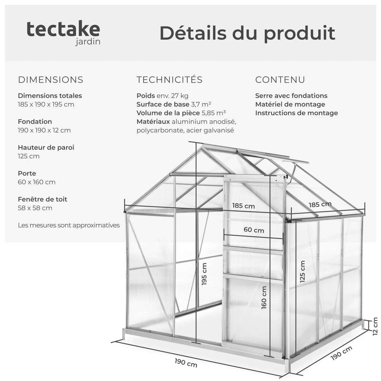 tectake® Serre de Jardin avec Base en Aluminium Polycarbonate pour Potager Exterieur Serre de Jardin pour Hivernage Tente Abri pour Les Plantes Serre à semis Jardinage - 190x185x195 cm