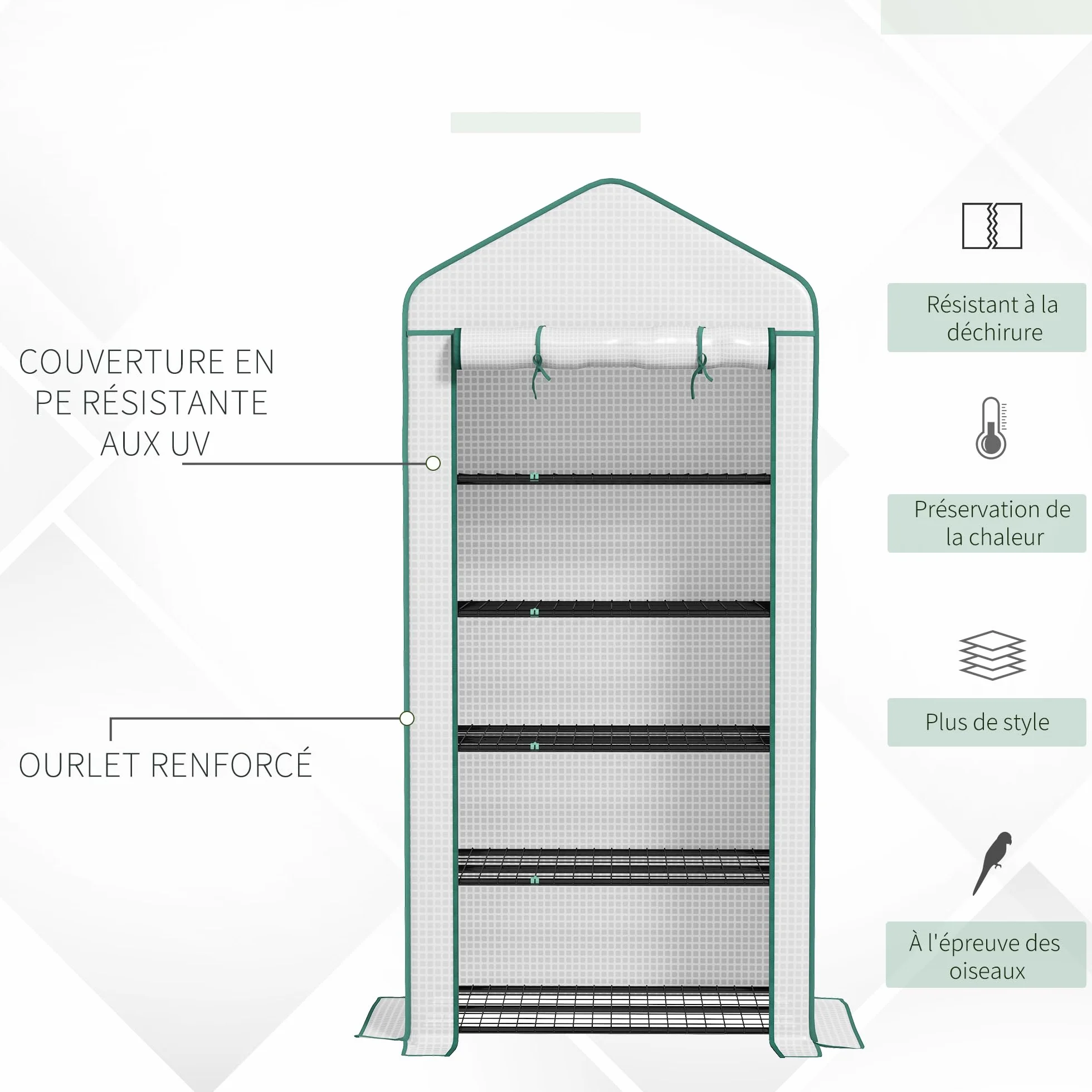 Outsunny Serre de Jardin 5 Niveaux, Balcon, Acier, Porte zippée Enroulable, 90x49x193cm, Blanc