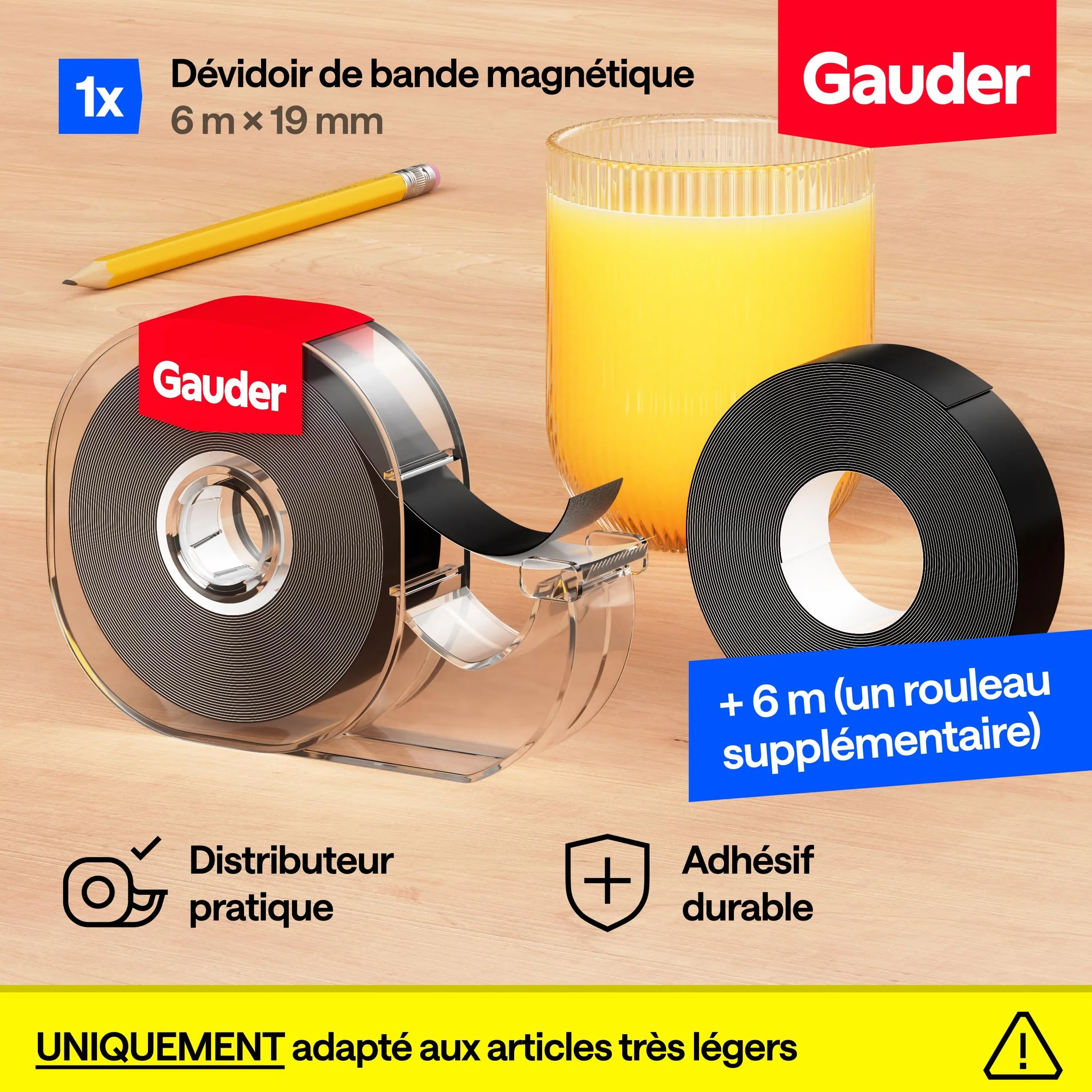 GAUDER Bande Magnétique Autocollant 6 m x 19 mm avec Distributeur pour Objets Légers et Photos