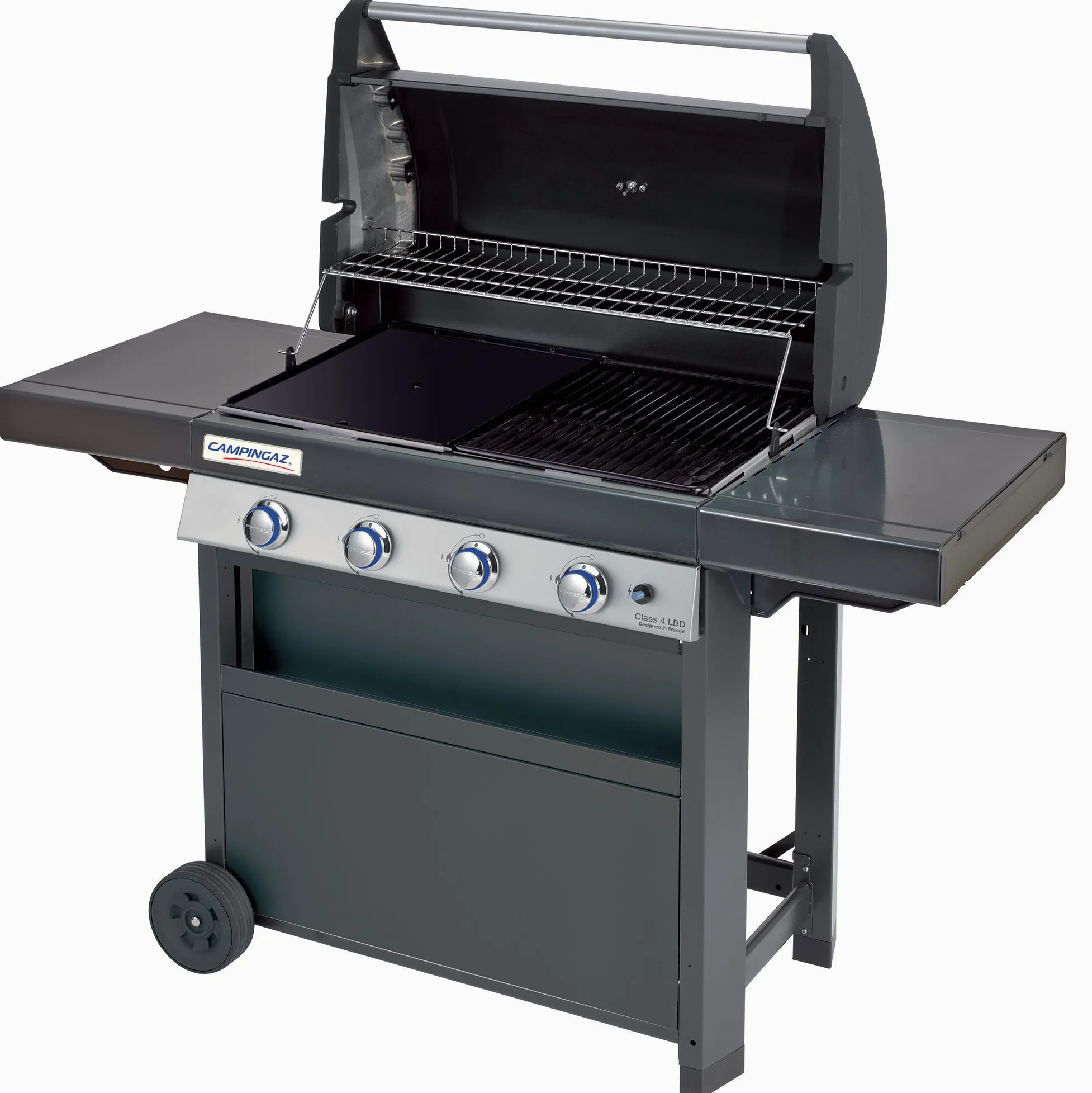 Campingaz Barbecue à Gaz Class 4 LBD, 4 Brûleurs en Inox, Puissance 12.8kW , Système de Nettoyage Facile InstaClean, Grille et Plancha en Acier Double Émaillage, 2 Tablettes Latérales