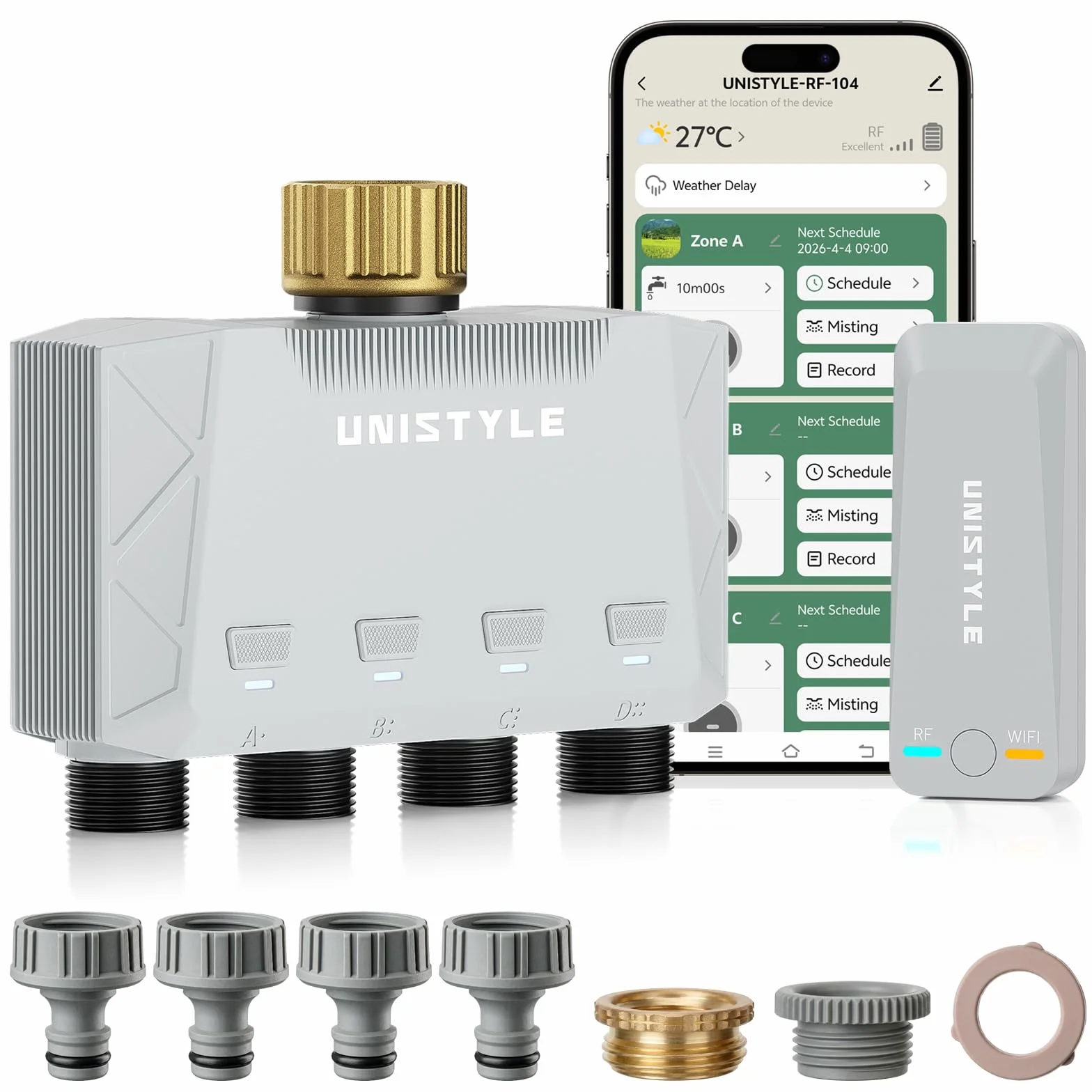 Programmateur Arrosage Connecté WiFi 4 Voies Unistyle – Contrôle via App 5 Programmes Jardin Automatique