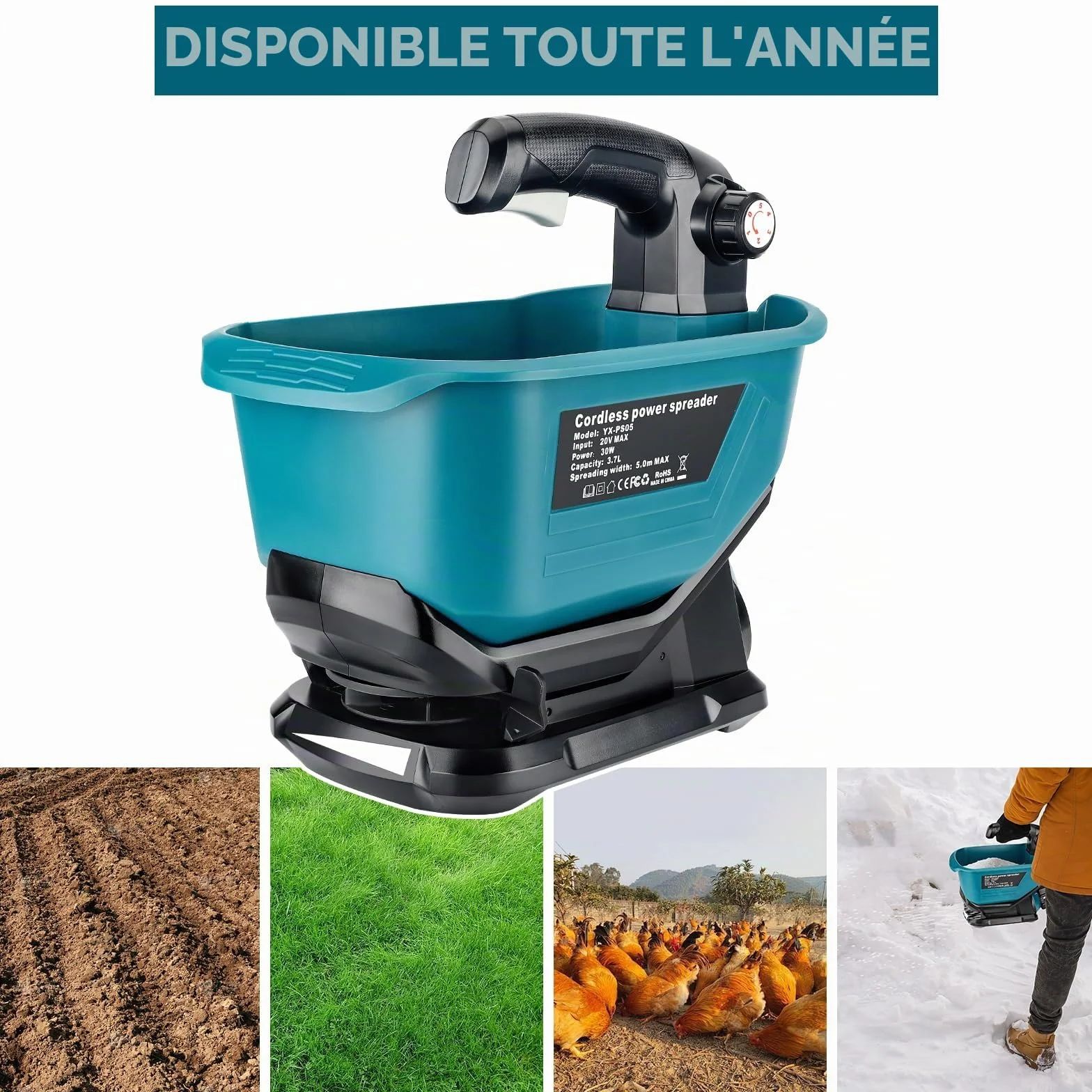 YEX-BUR Épandeur d'engrais portable pour batterie au lithium Makita 18 V, épandeur manuel avec réglage de la vitesse de rotation à 5 niveaux, 3,7 l, couvre jusqu'à 743 m² (sans batterie)
