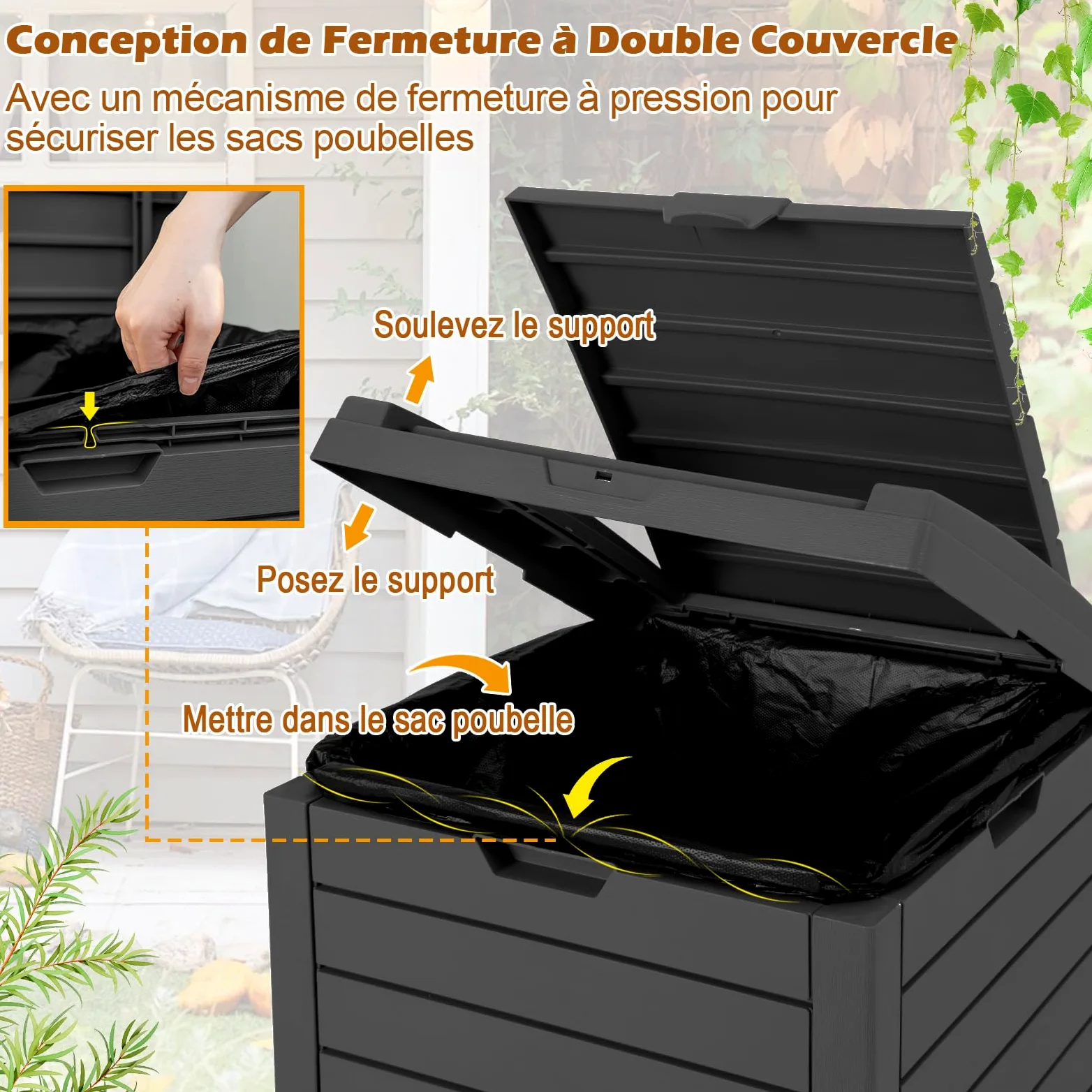 COSTWAY Poubelle Exterieur 118L en Résine, Poubelle de Jardin avec Couvercle et Plateau Extractible, Conteneur Poubelle Double Fermeture Étanche pour Porche, Arrière-Cour, Terrasse, Patio (Noir)