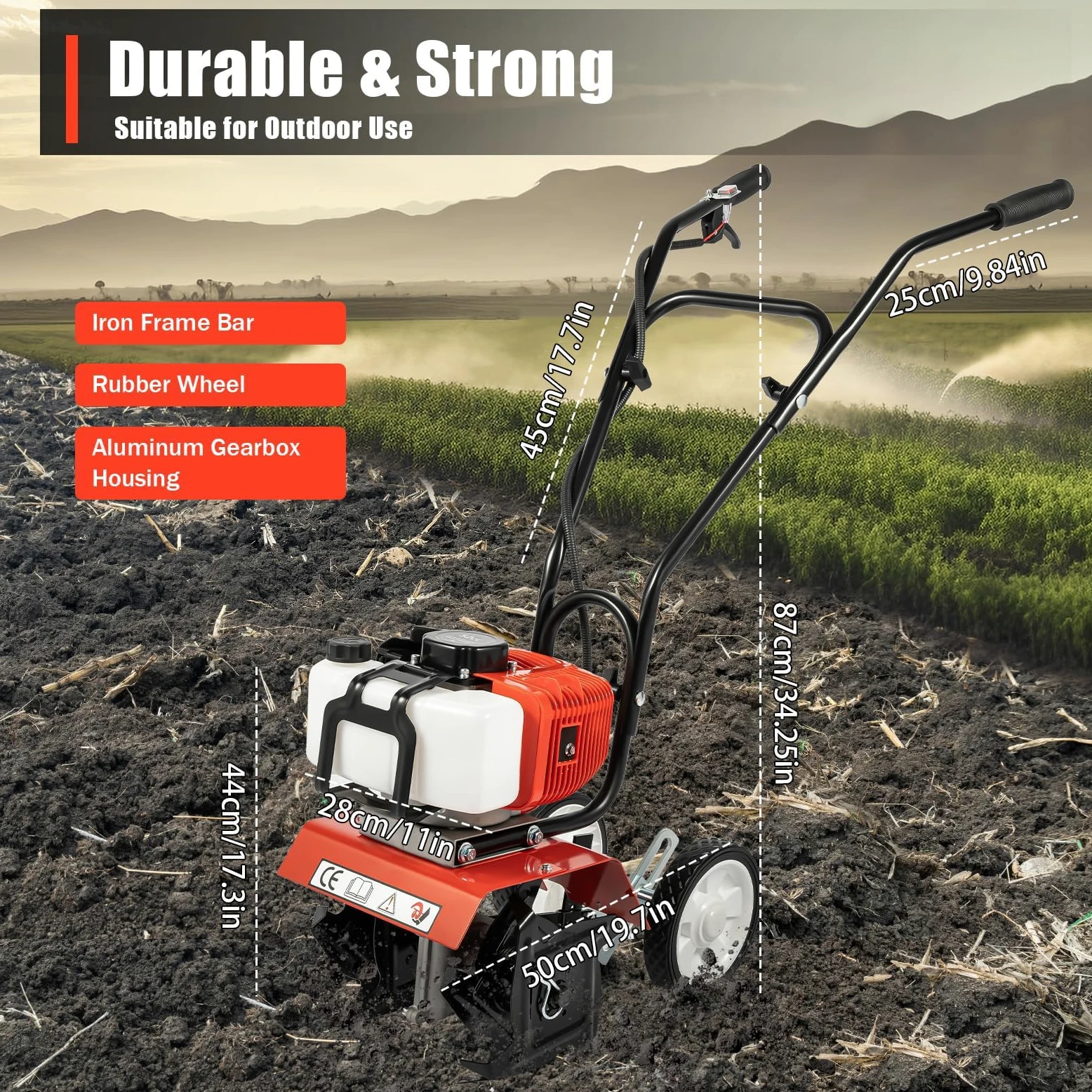 Motoculteur Thermique 52cc 1700W, Motobineuse Puissante à 2 Temps, Largeur de Travail 30cm Profondeur 12cm, Léger et Durable avec Lames en Acier au Manganèse, Idéal pour Jardin