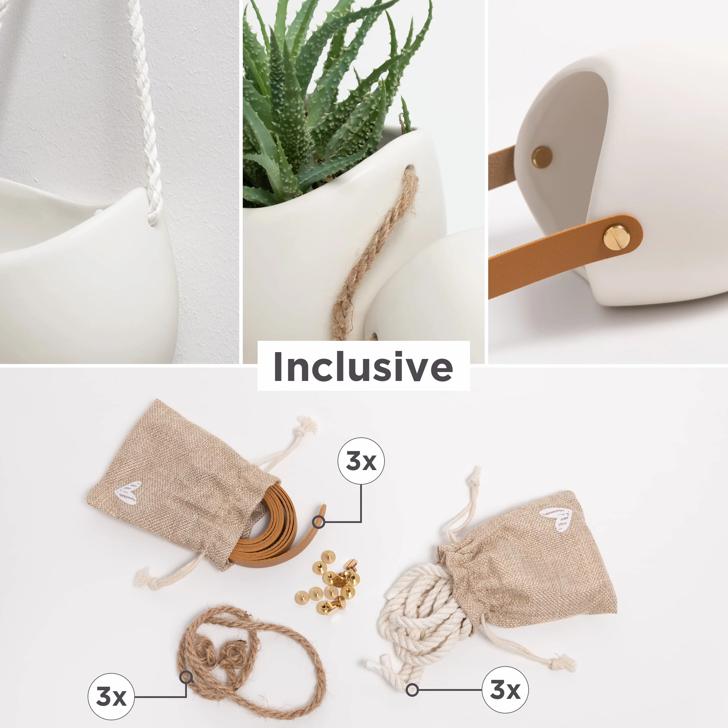 Kazai Pots de Fleurs Muraux Ellie 3 pièces Céramique Suspendus Décoration Murale Crème Mat