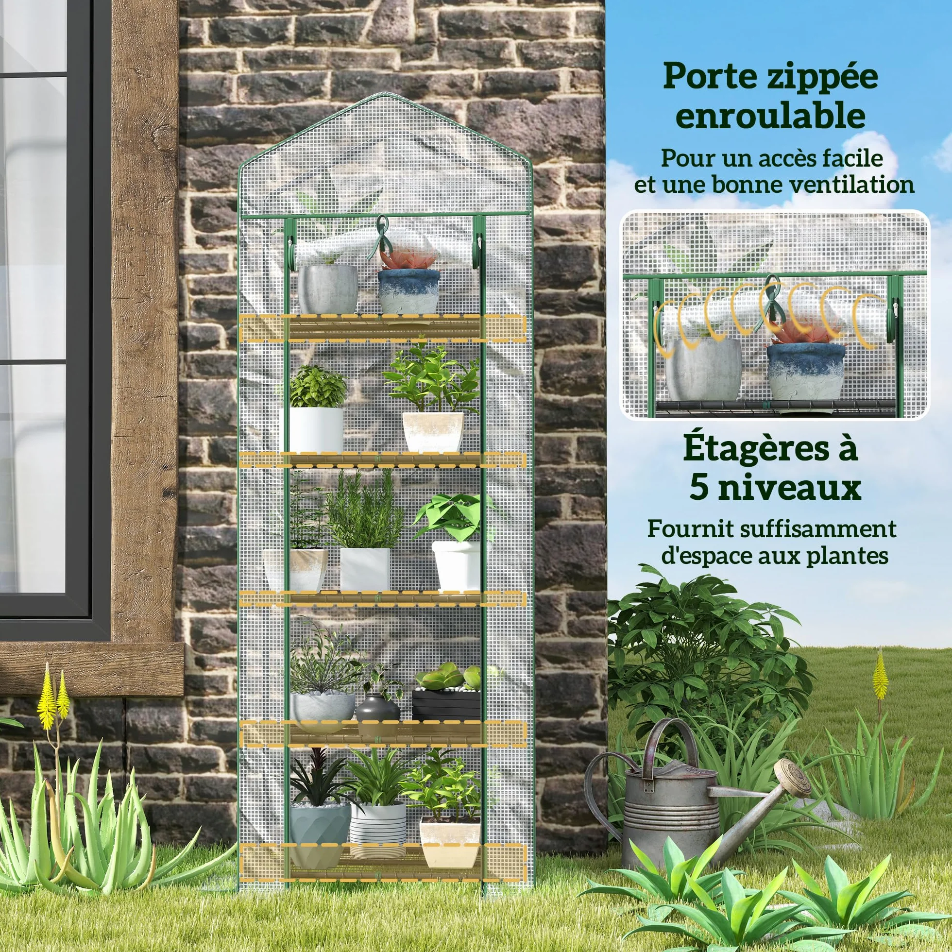 Outsunny Serre de Jardin PE avec étagères 5 Niveaux, Serre de Balcon, bâche renforcée, châssis en Acier, Porte zippée Enroulable, pour légumes Plantes Fleurs, 69 x 49 x 193 cm, Blanc