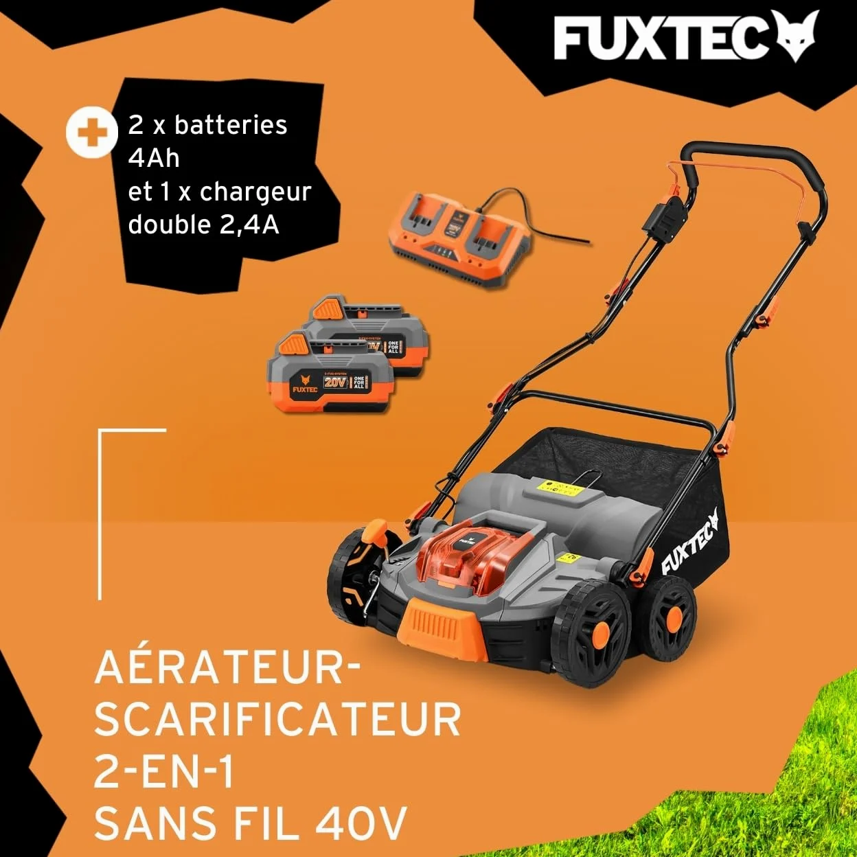 FUXTEC Aérateur à batterie 40 V FX-E2VE38SET - 2 en 1 Aérateur et Scarificateur, Largeur 38 cm, Panier 45 L, 2 piles incluses