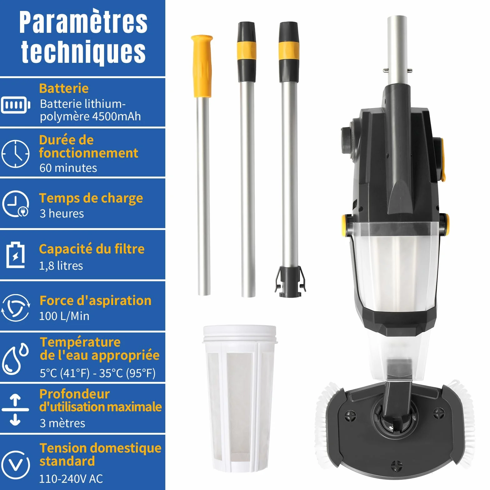 LEADZM Aspirateur Piscine sans Fil 4500mAh 100L/Min Autonomie 60 Min 190×23,7×17cm