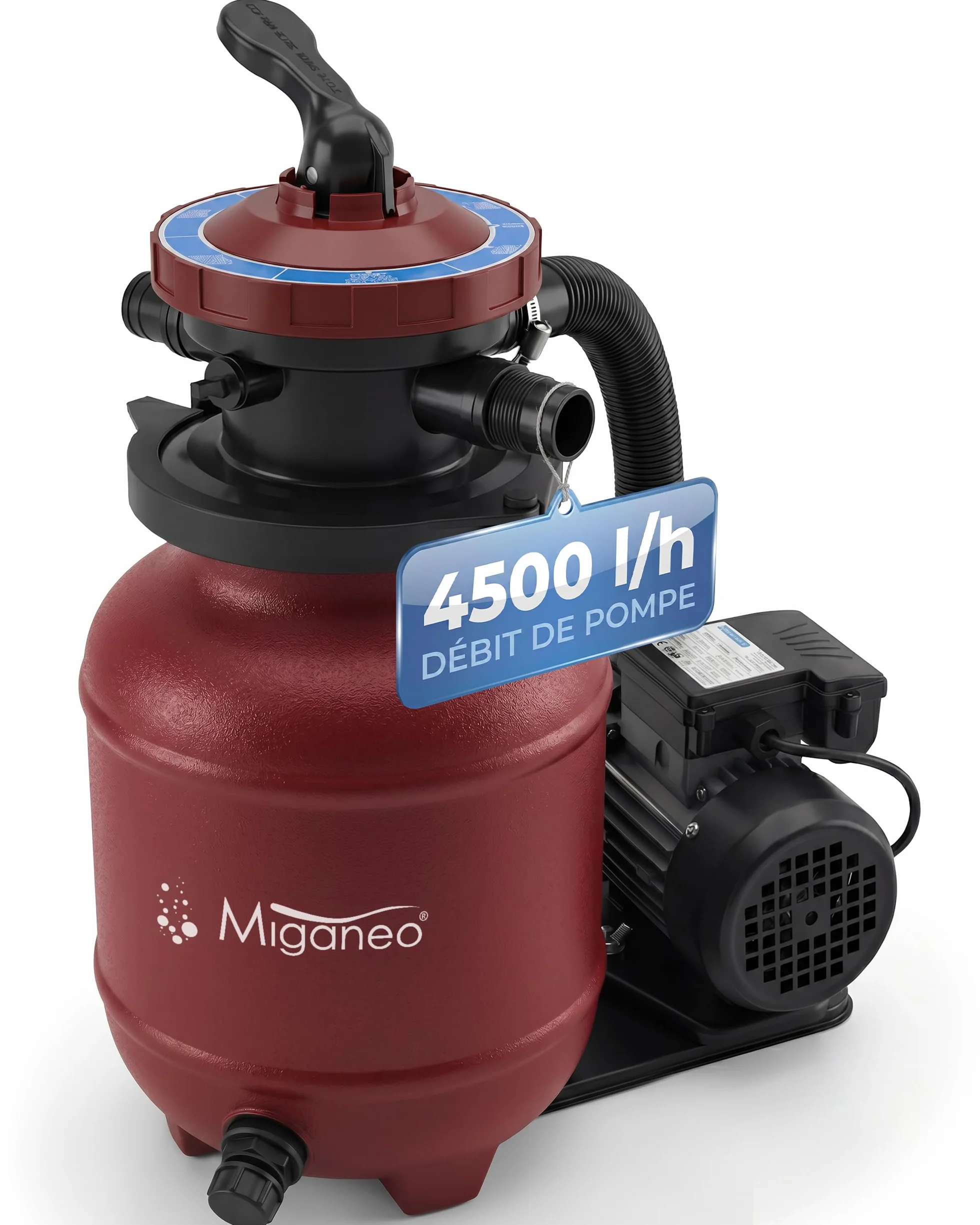 Miganeo Speed Clean Dynamic 6500 Système de filtration à sable Rouge Puissance de la pompe 4 500 l/h Capacité du filtre 3 900 l/h Système de filtration pour piscines jusqu'à 19 000 litres Économie