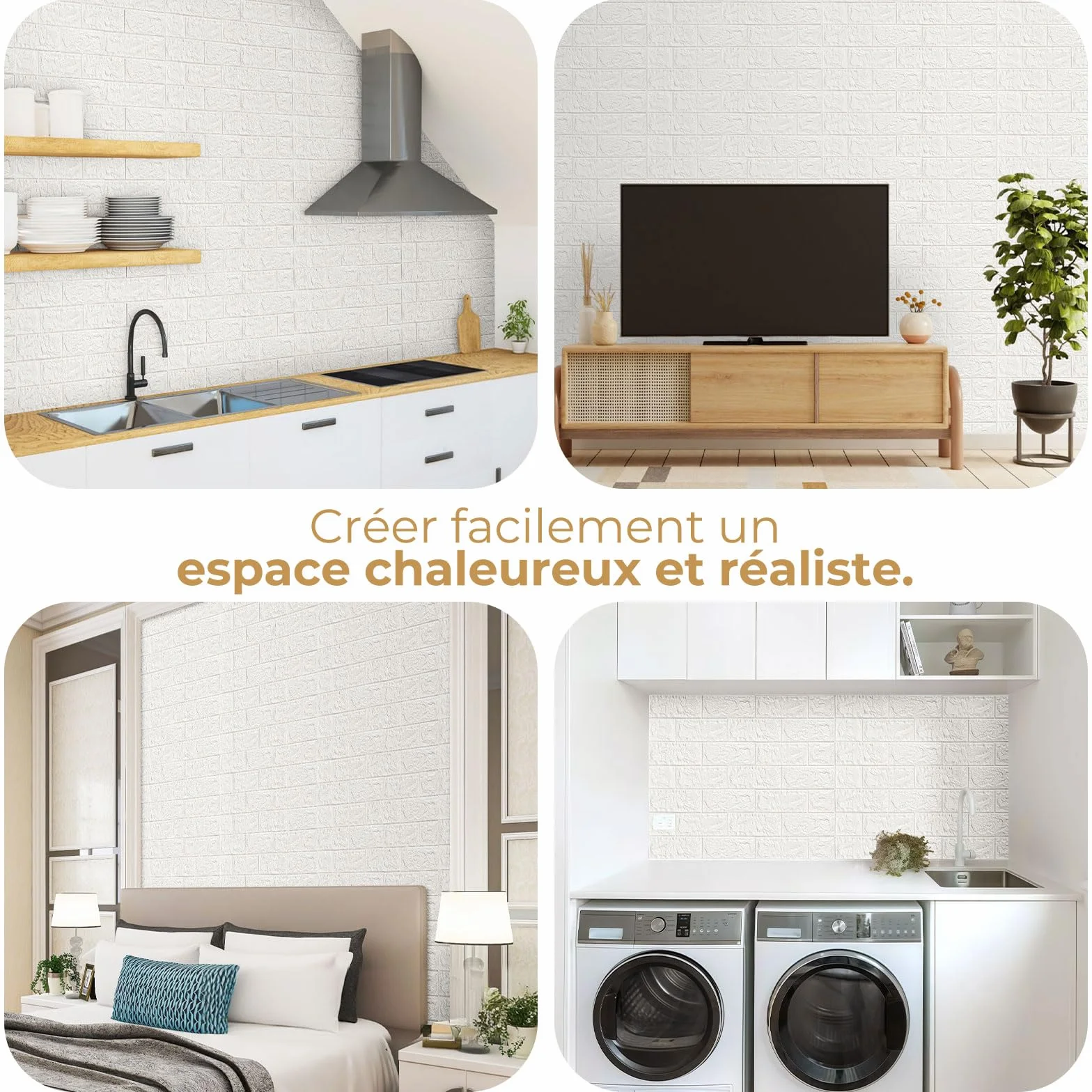 LeapBeast 10Pcs Papier Peint Mural 3D, Blanc Brique, Effet Pierre, Autocollant Adhésif Mousse Polyéthylène Amovible