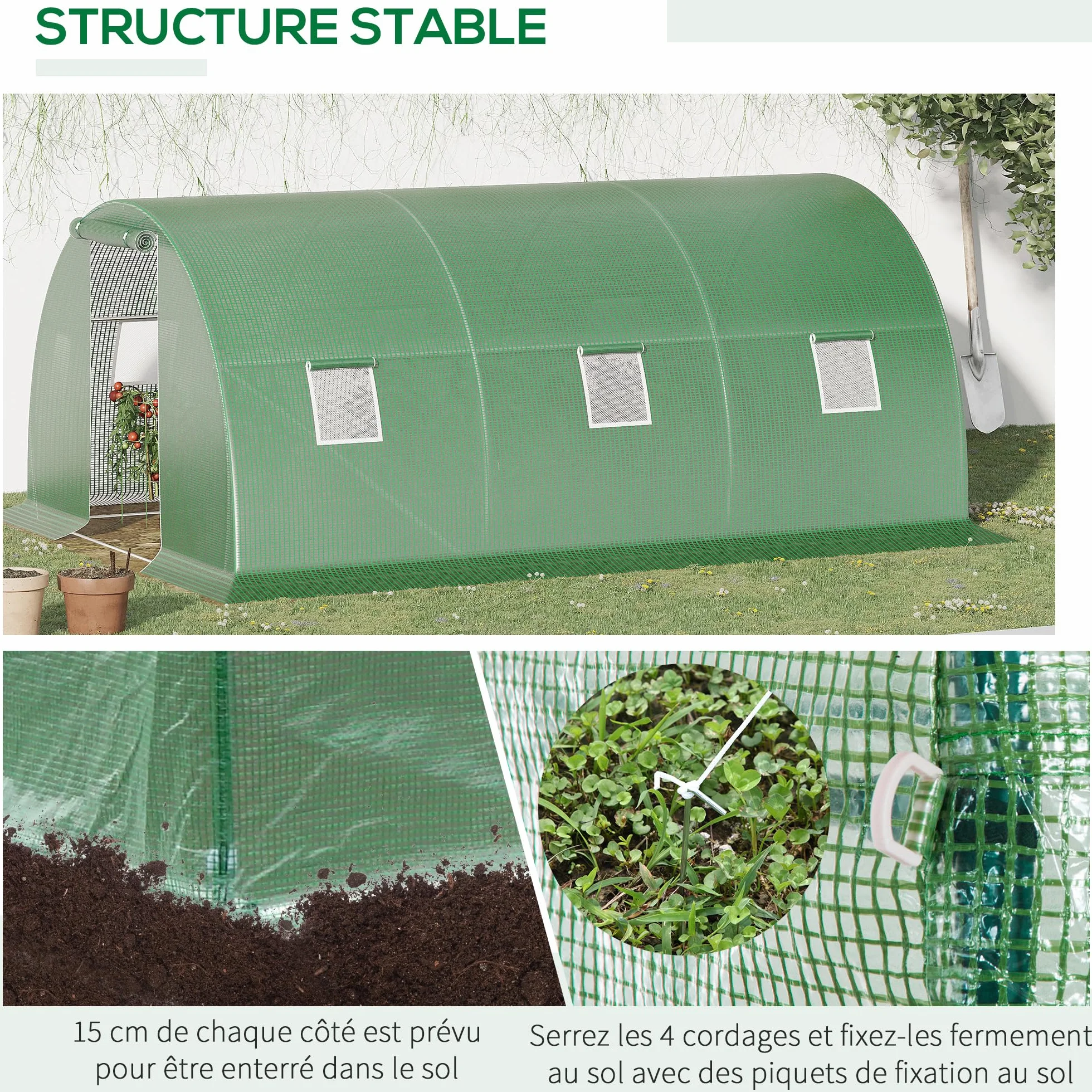 Outsunny Serre de Jardin Tunnel 13,5 m² dim. 4,5L x 3l x 2H m - 6 fenêtres, Porte zippée Enroulable - châssis Tubulaire Acier galvanisé, bâche PE Haute densité Vert