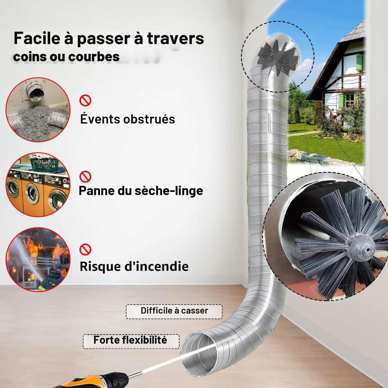 Kit Brosse de Cheminée pour Ramonage 6 Tiges Flexibles 61cm Tête 100mm Poêle à Granulés