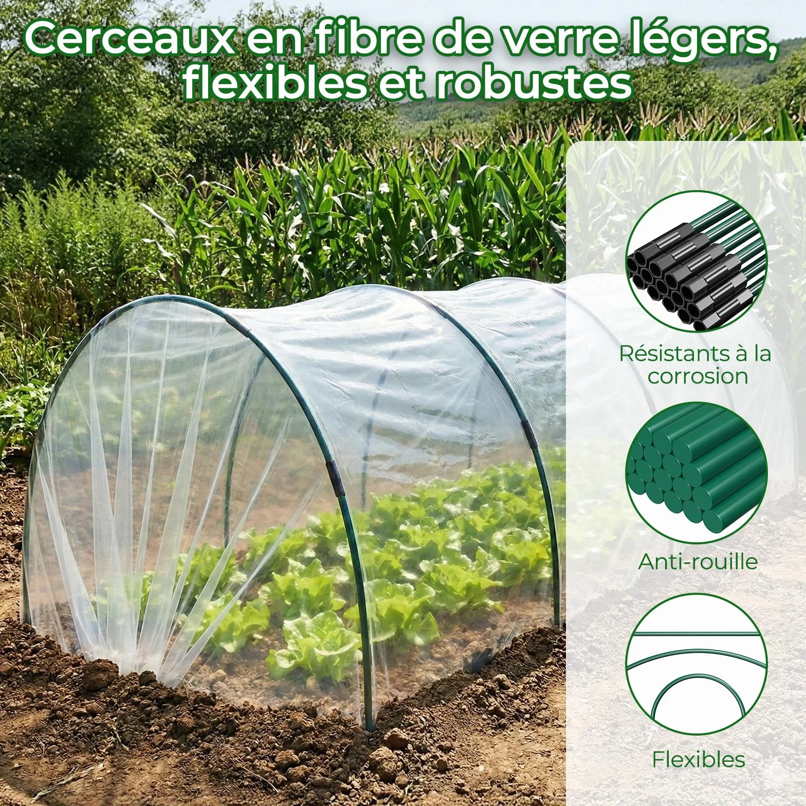 MYMULIKE Lot de 60 Tunnels de Culture pour Carrés Potagers, Arceaux de Tunnel de Plantes, Kit de 12 Arceaux de Jardin en Fibre de Verre, Arceaux de Serre pour Légumes, Fleurs et Fruits