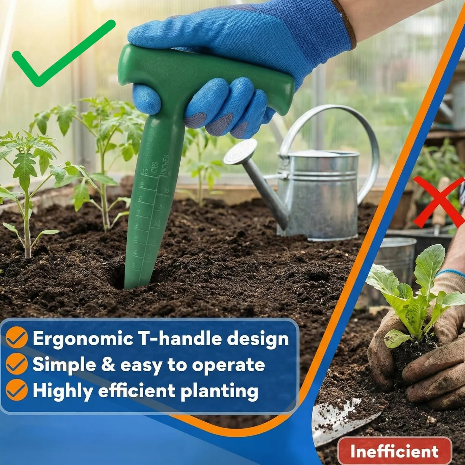 Plantoir à Bulbes avec Poignée en T Ergonomique, Plantoir Jardinage Manuel avec Mesure de Profondeur, Outil de Jardinage pour Bulbes, Semis, Fleurs & Légumes, Outil à Bulbes