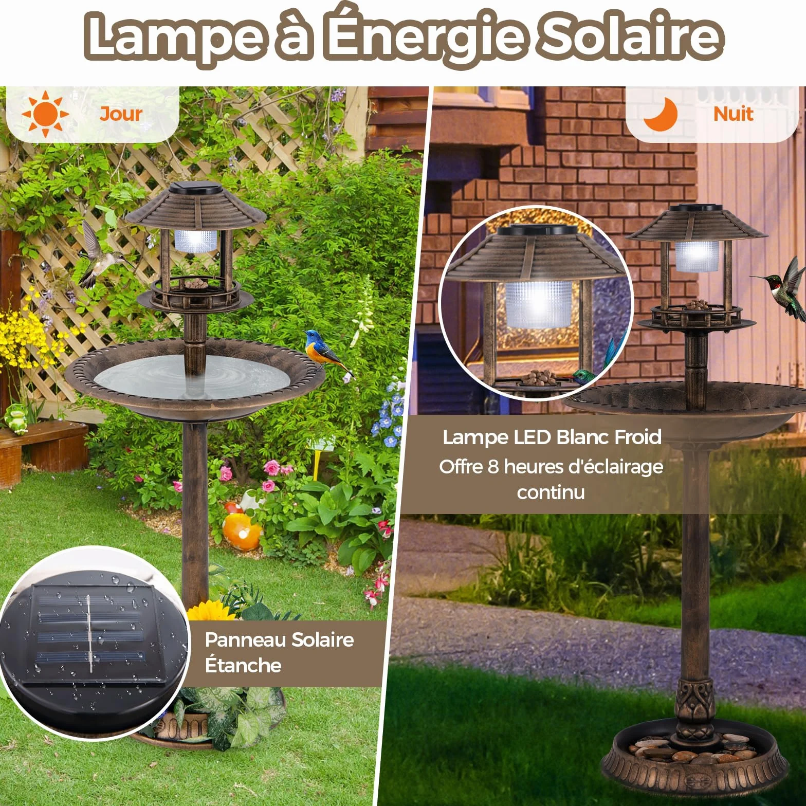 COSTWAY Bain d'oiseaux 3 en 1 Solaire, Décoration Extérieur Pied Rétro Éclairé Lampe Jardinière Mangeoire Abreuvoir Oiseaux Jardin Bronze