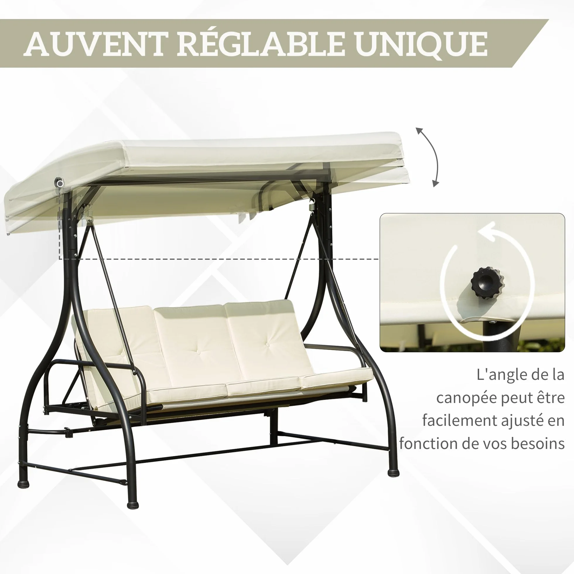 Outsunny Balancelle de Jardin 3 Places Convertible Toit réglable Matelas 8 cm 1,95L x 1,17l x 1,75H m métal époxy Noir crème