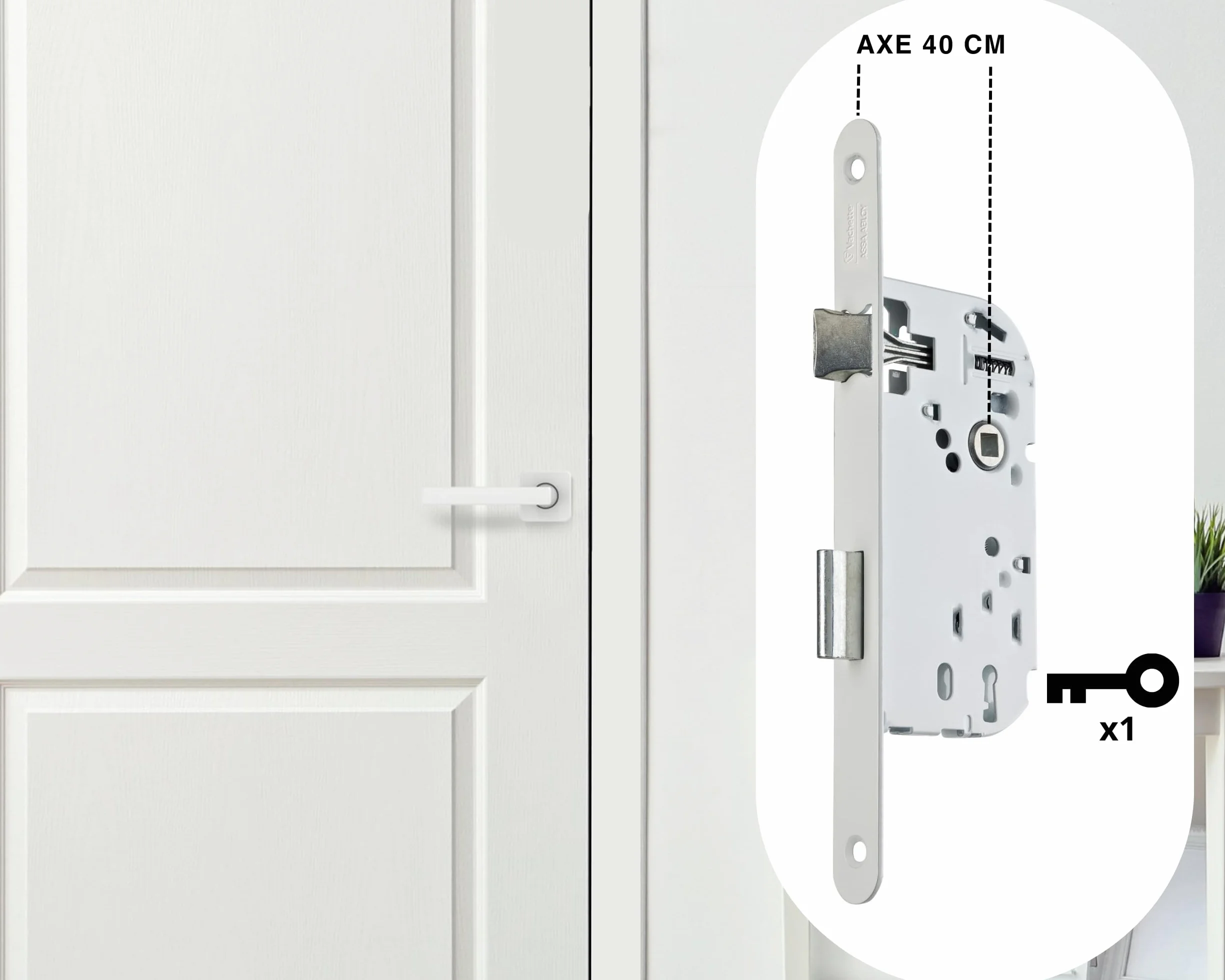 Vachette Serrure à Encastrer à clé Axe 40 mm Coffre 135 mm Réversible sans démontage Têtière bouts ronds Porte intérieure Blanc Gâche et Clé inclus