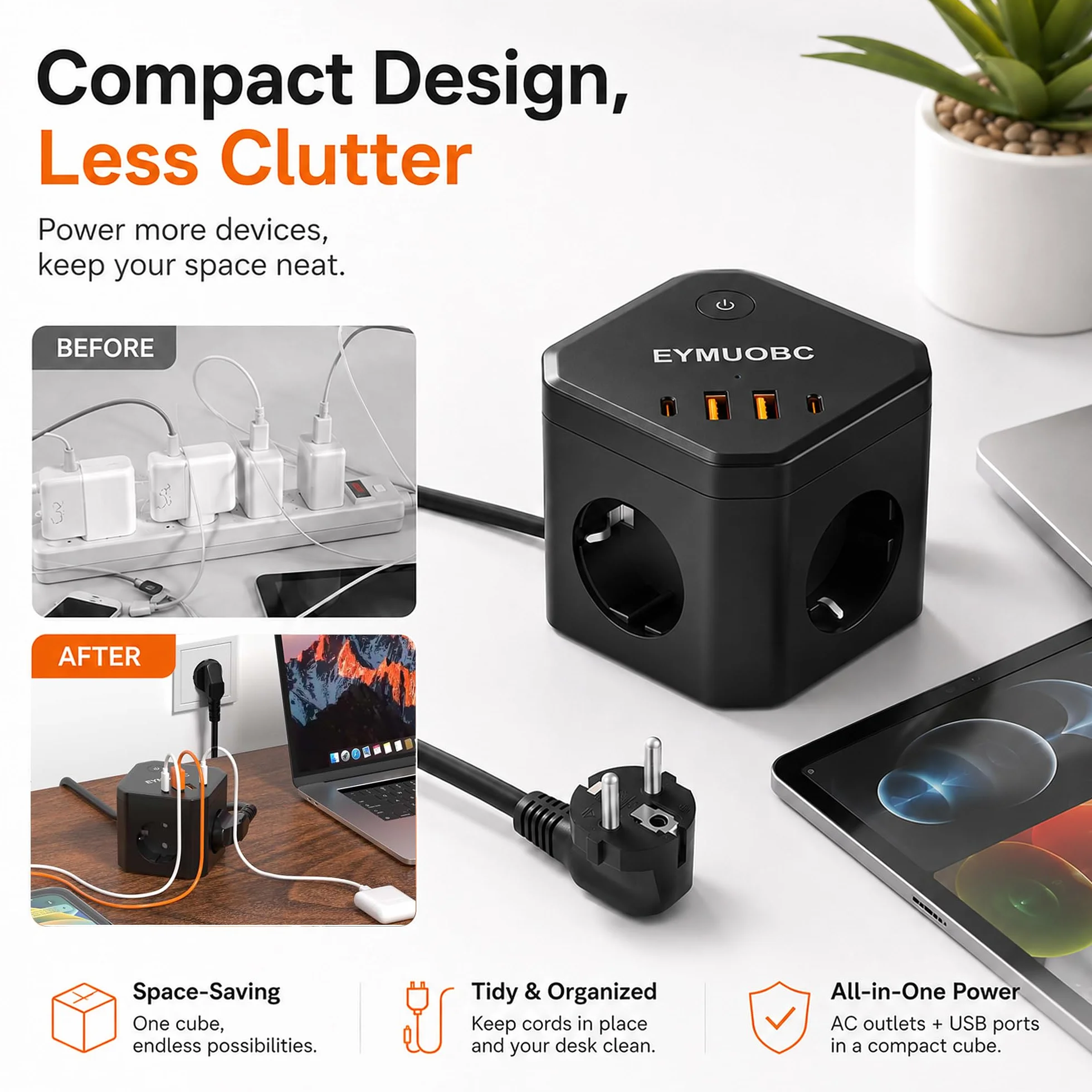 Multiprise 8-en-1 avec USB C PD 20W 3680W et Interrupteur Rallonge Électrique 2M