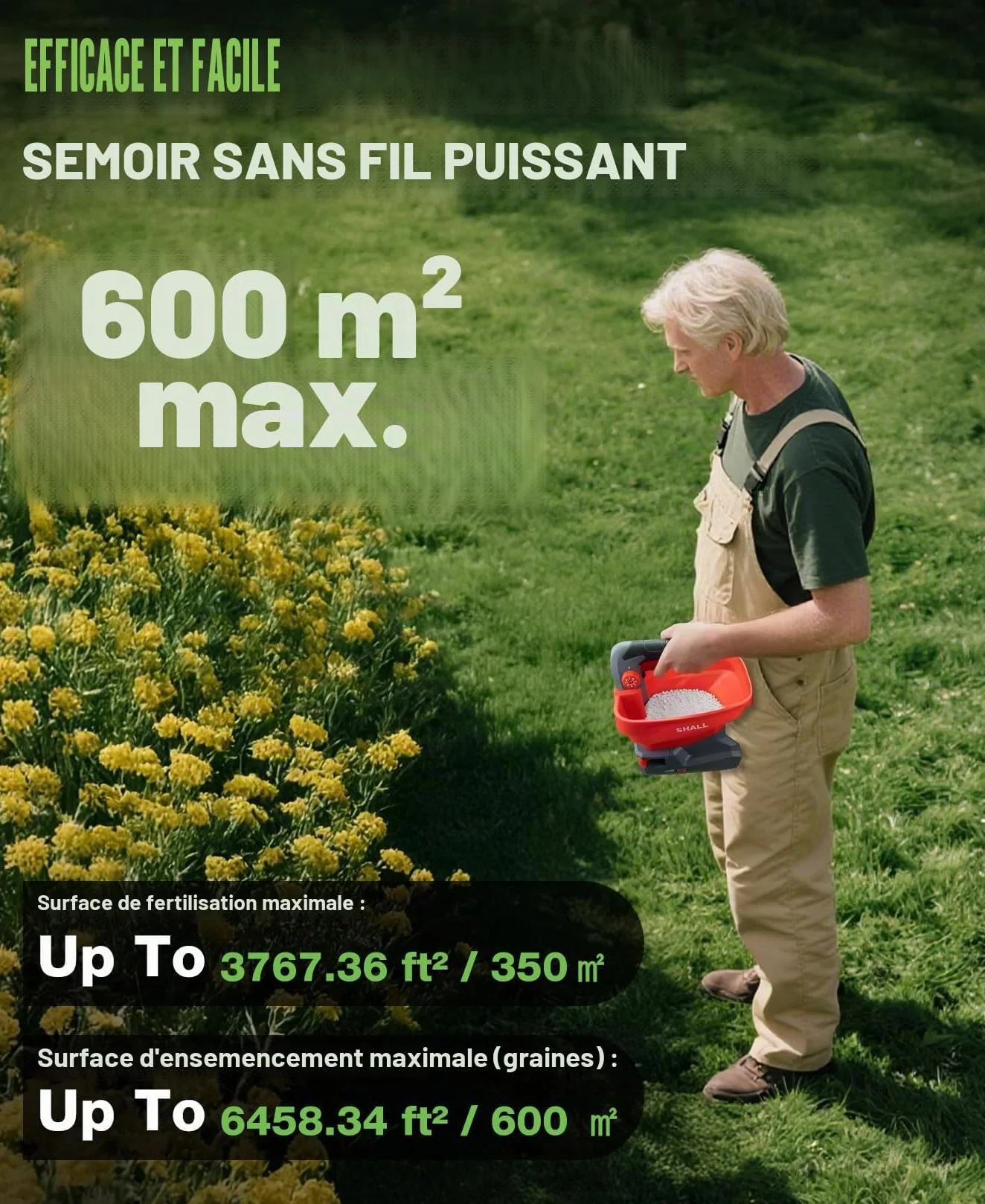 Shall Semoir Universel à Batterie Rechargeable, épandeur d'engrais électrique 7,2 V, adapté au salage des Routes, au déneigement et à l'ensemencement, Batterie et Chargeur Inclus