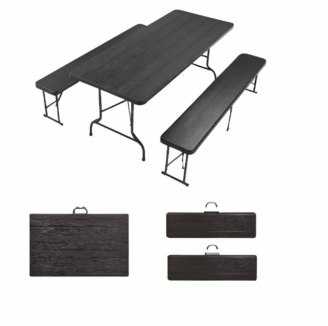 Ensemble Table Pliante à Manger de Jardin avec 2 Bancs Pliants, Table de Camping et Pique-Nique, Robuste, Stable, Étanche, Noir