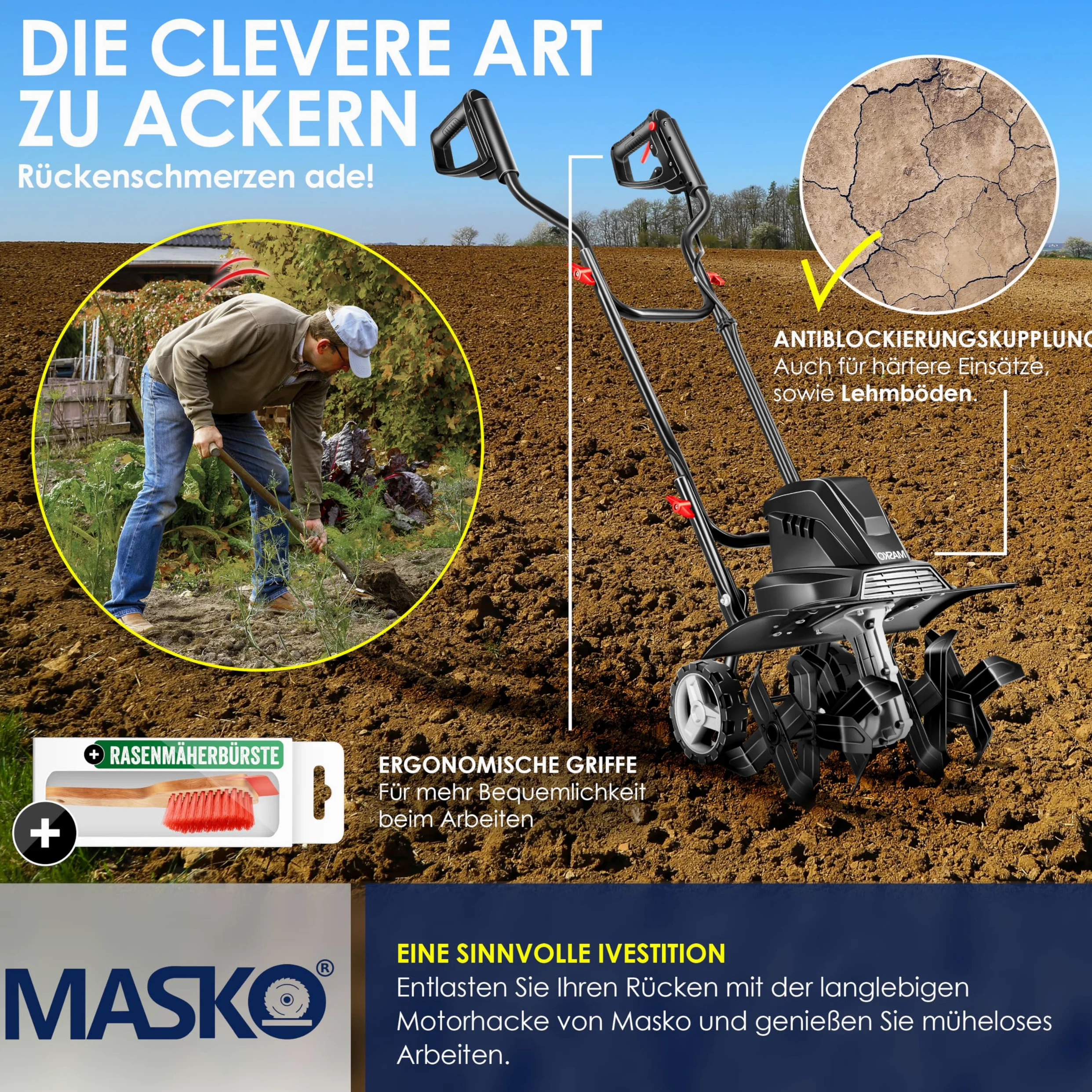 MASKO® Motobineuse électrique 1 500 Watts | 40 cm de Largeur de Travail, 20 cm de Profondeur de Travail | Bineuse | Motoculteur à Fraise | Cultivateur | Fraiseuse de Jardin | Bineuse électrique, Noir