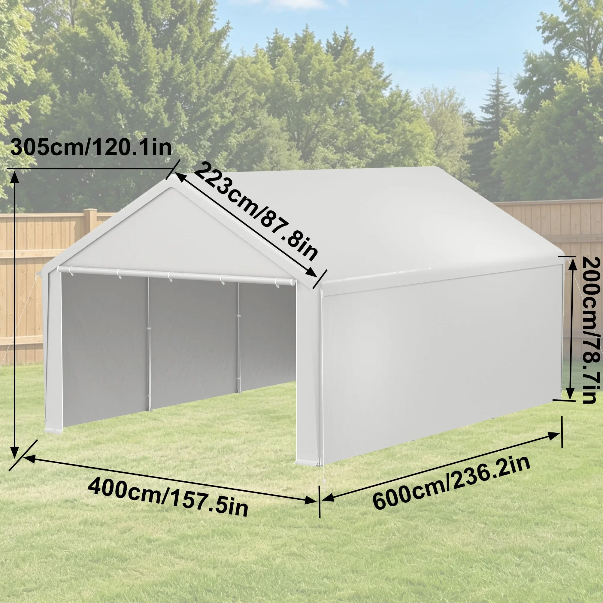 ACXIN Rideau de rangement robuste pour hangar de jardin avec cadre en acier et bâche en polyéthylène pour outils, voiture, blanc, 4 m x 6 m