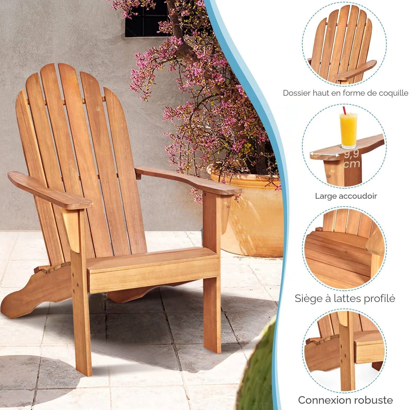GIANTEX Fauteuil de Jardin en Bois, Fauteuil Adirondack avec Accoudoirs& Dossier Confortable, Chaise de Relaxation, Supporte 160 kg, Chaise Longue Exterieur pour Jardin, Patio, Terrasse (Naturel)