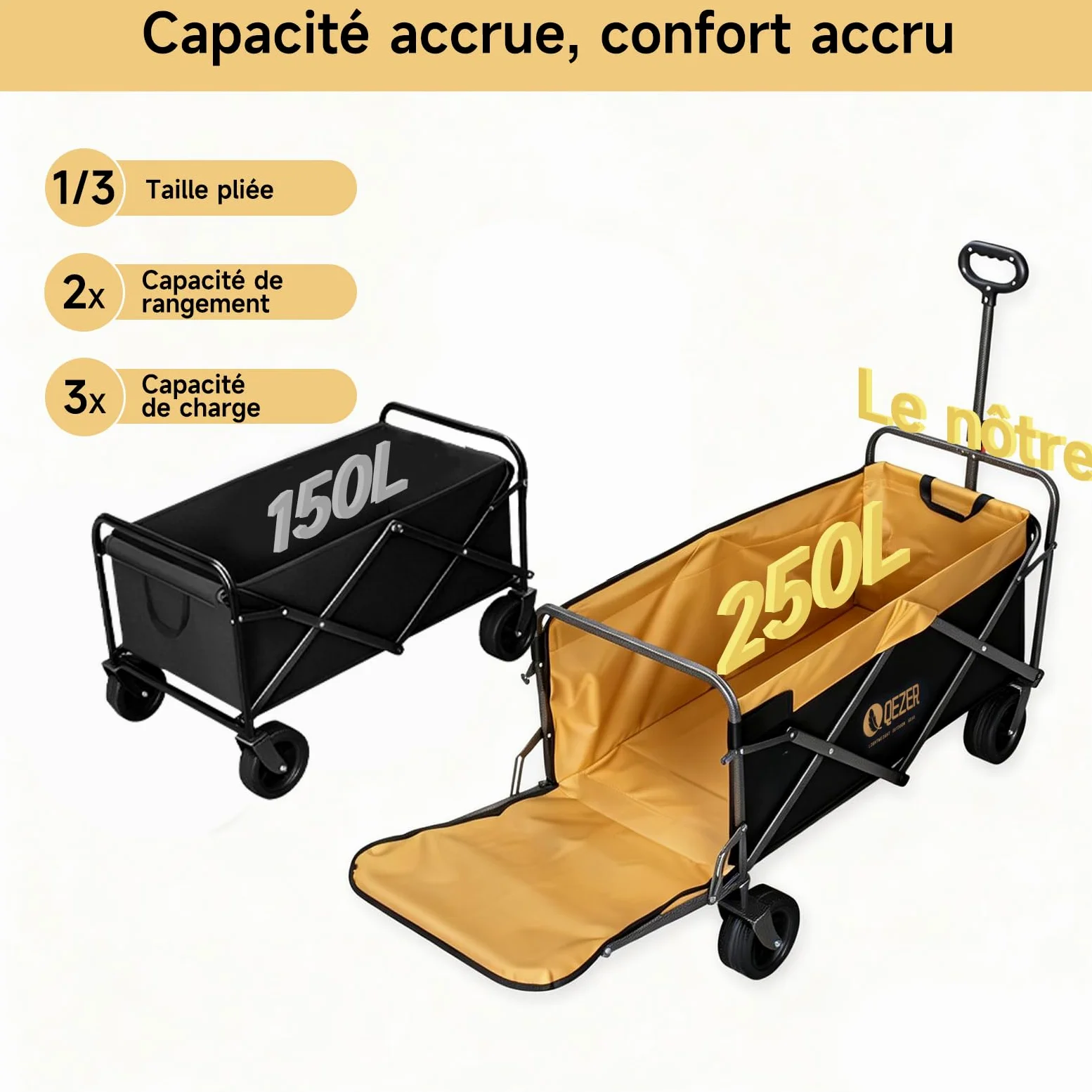 Chariot Pliable avec Roues Tout Terrain,Capacité de Charge 220 kg/270 kg, Chariot de Transport Multifonction pour Plage，Jardin, Camping, Pêche et Barbecue (Noir et Jaune, Grande Taille)
