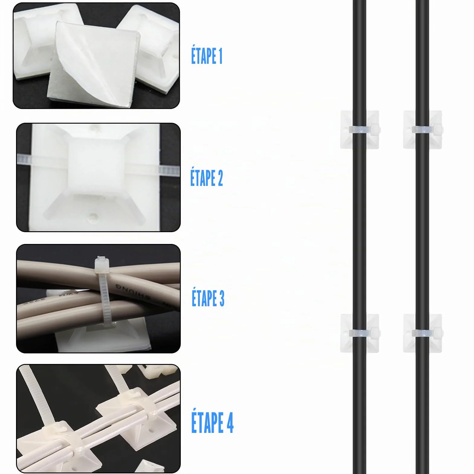Attaches de câble adhésives blanches 120 mm/150 mm Lot de 200