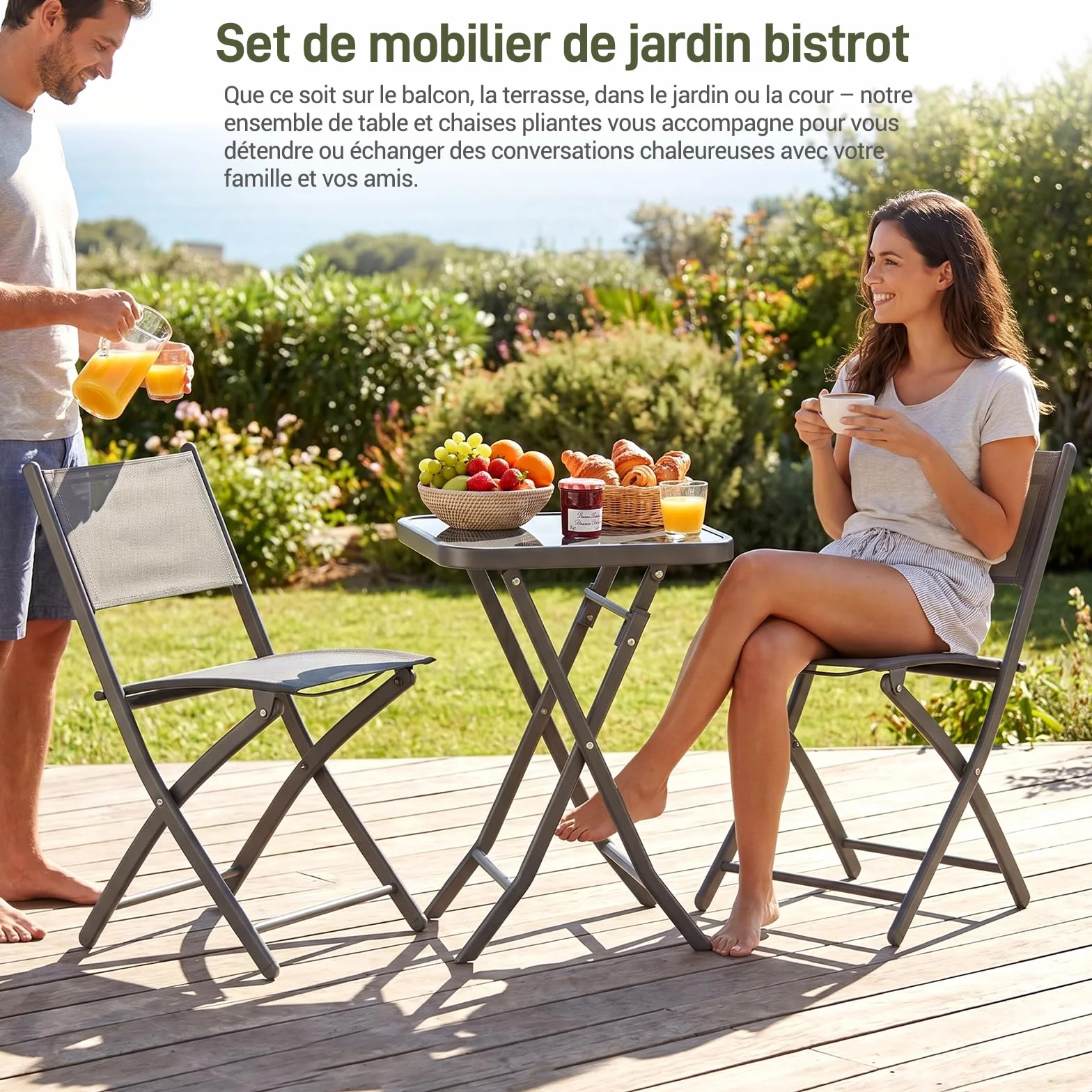 LIFERUN Ensemble Bistrot de Jardin 3 Pièces Pliantes, Table et 2 Chaises, Tissu Textilène, Gris