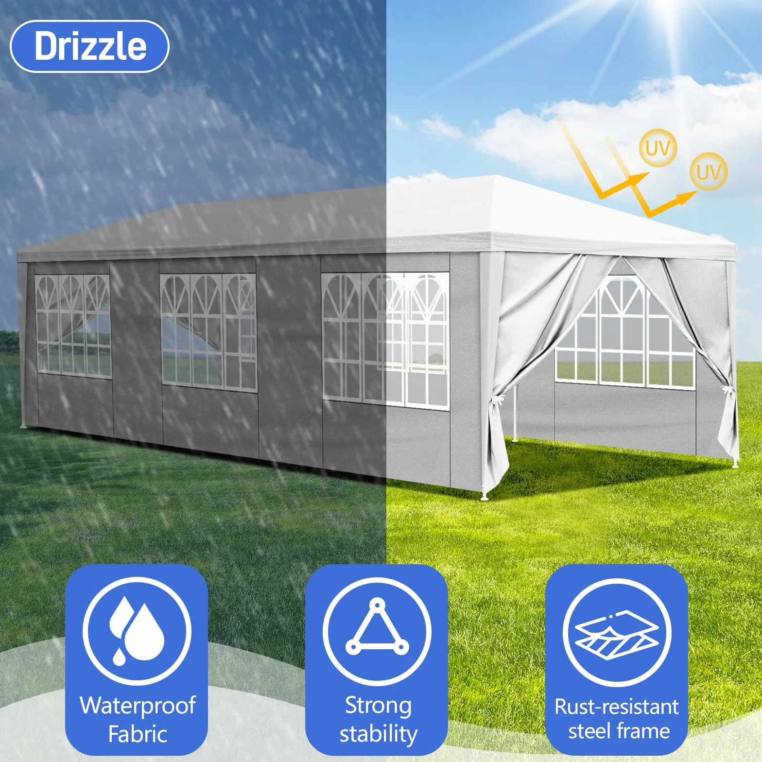 Bonnlo Tonnelle de Jardin 3x9m avec 8 Parois Latérales imperméable avec 6 fenêtres Tente de Réception en Toile PE Tubes Spiralés en Fer Barnum Blanc pour Camping Mariage Parking Fête