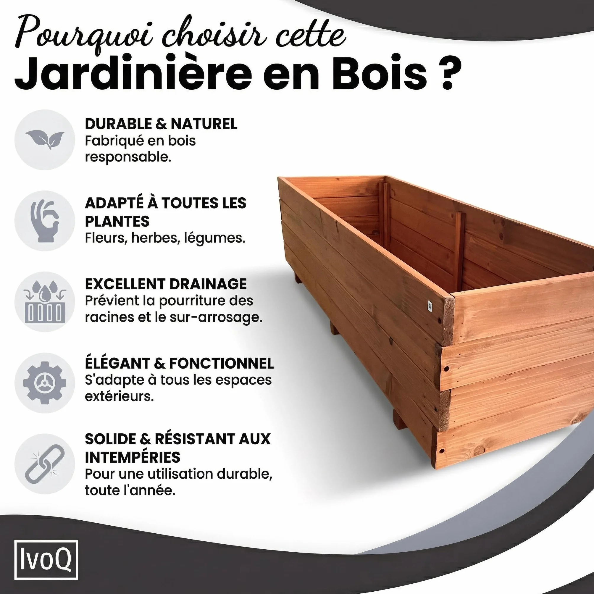 Jardinière en bois massif 120 x 40 x 32 cm FSC résistant aux intempéries