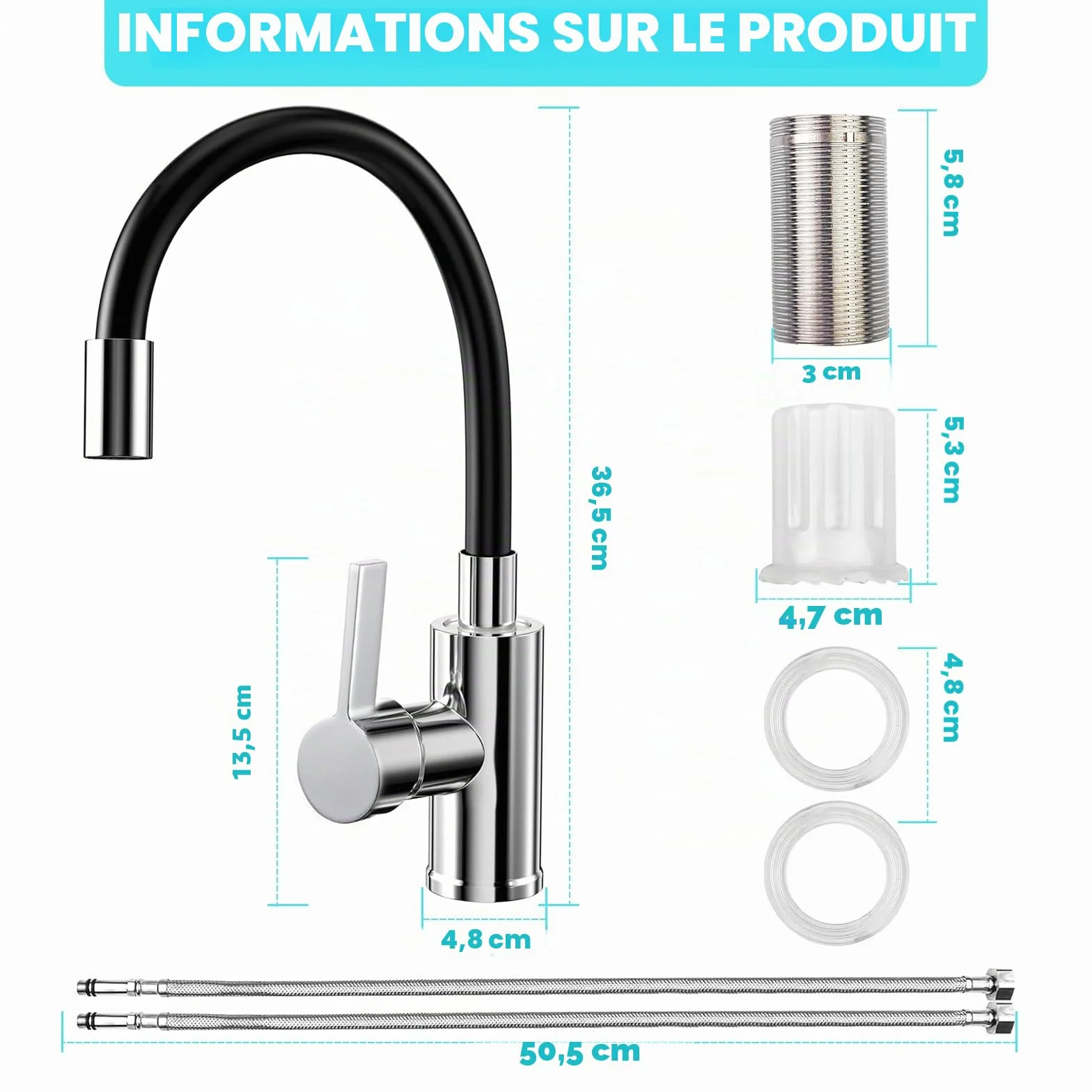 Mitigeur Cuisine Rotatif 360° Acier Inoxydable Bec Flexible Robinet Evier Haute Pression Noir