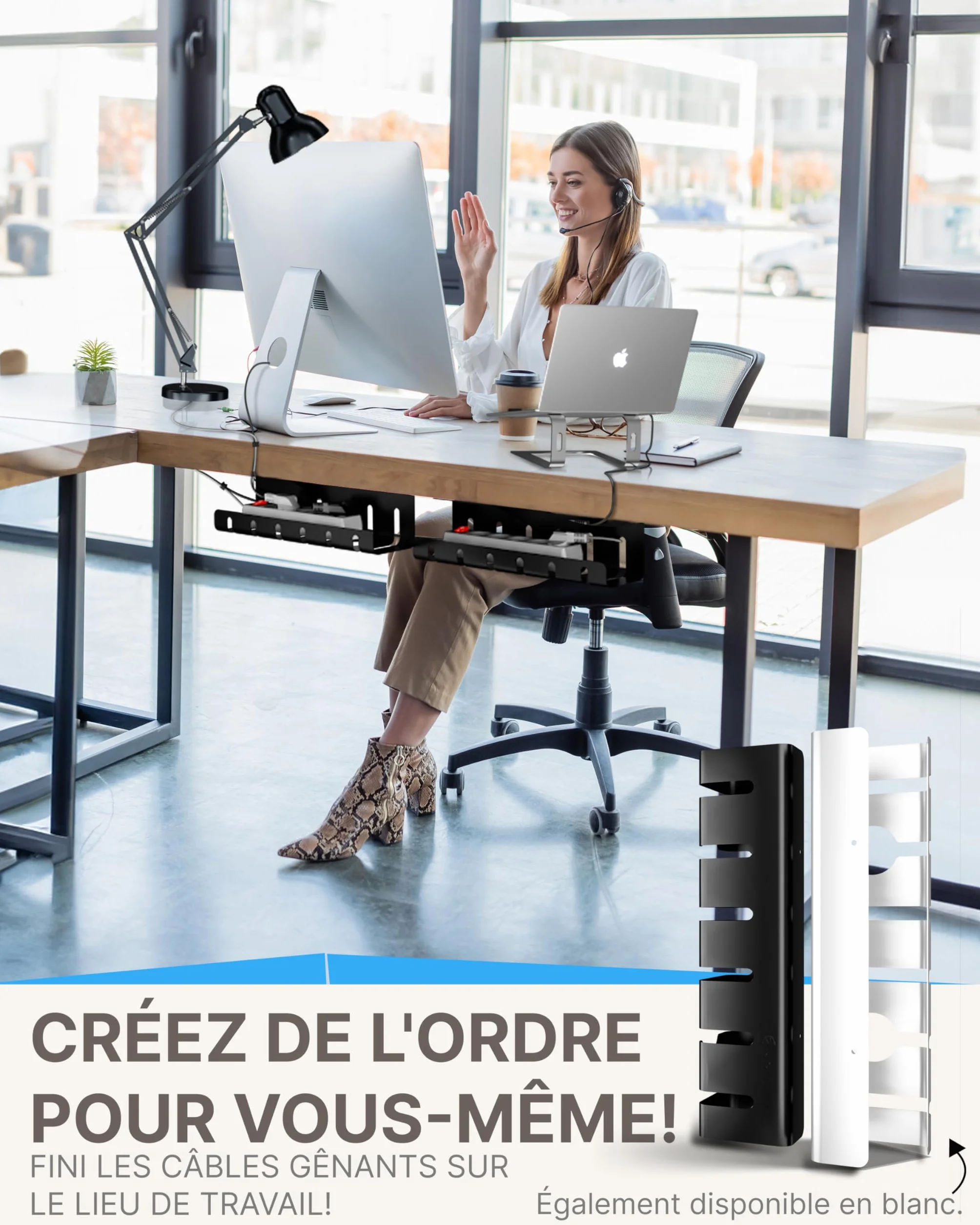 Lot de 2 Passe-câble Bureau Adhésif 40 cm Cache-Fil Goulotte Gestion des Câbles Noir