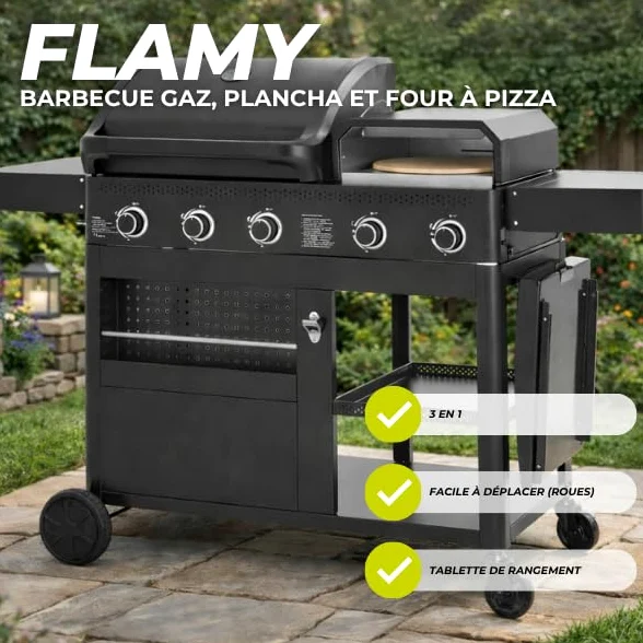 Cook'in Garden - Barbecue Gaz FLAMY, 3 en 1, Plancha + Four à Pizza + barbecue gaz 3 brûleurs, Grilles en fonte émaillée