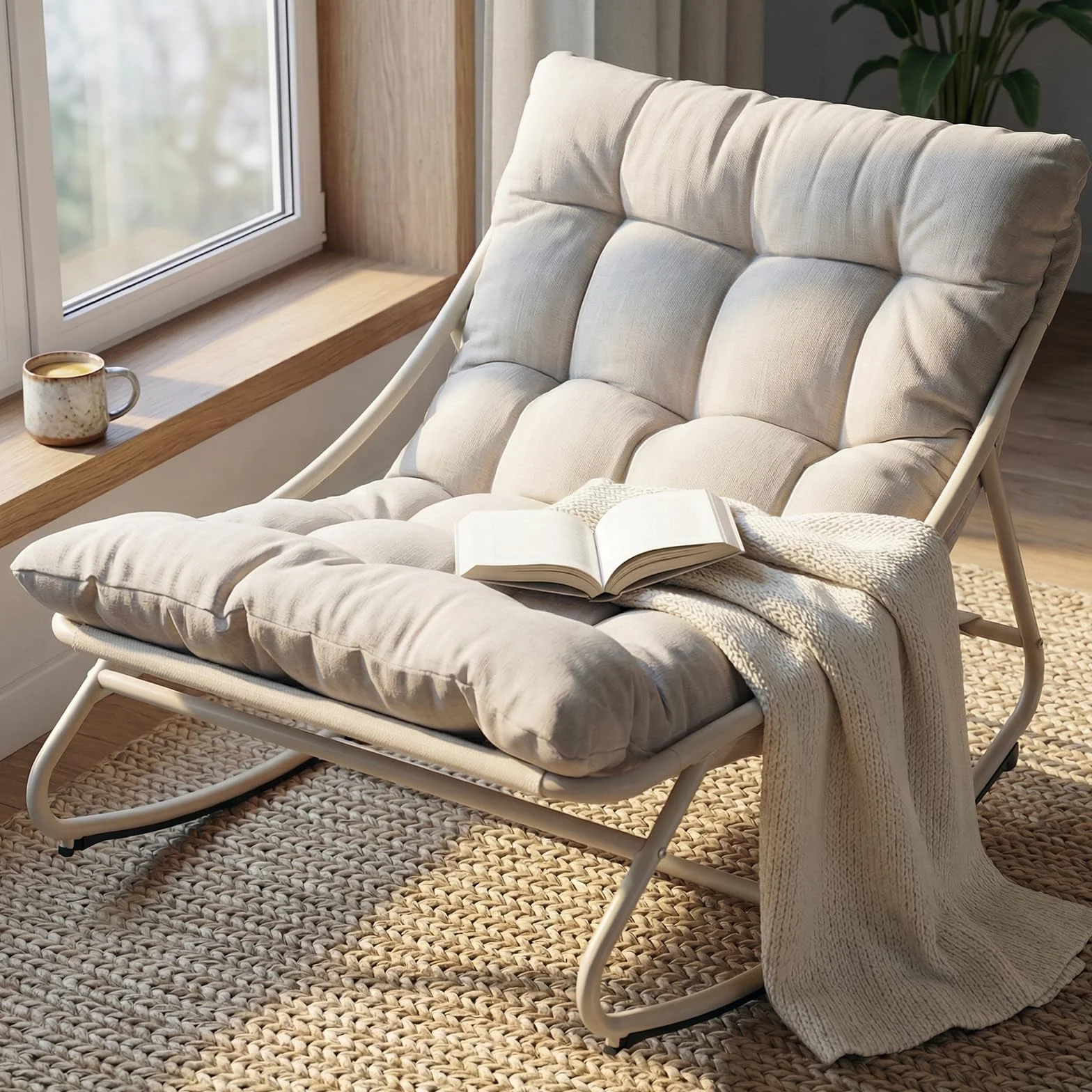 Grand patio Fauteuil à Bascule d’Extérieur avec Coussin – Chaise Relax Ergonomique en Métal, Résistante aux Intempéries, pour Jardin, Terrasse, Balcon & Salon, Jusqu’à 150 kg –Blanc Cassé
