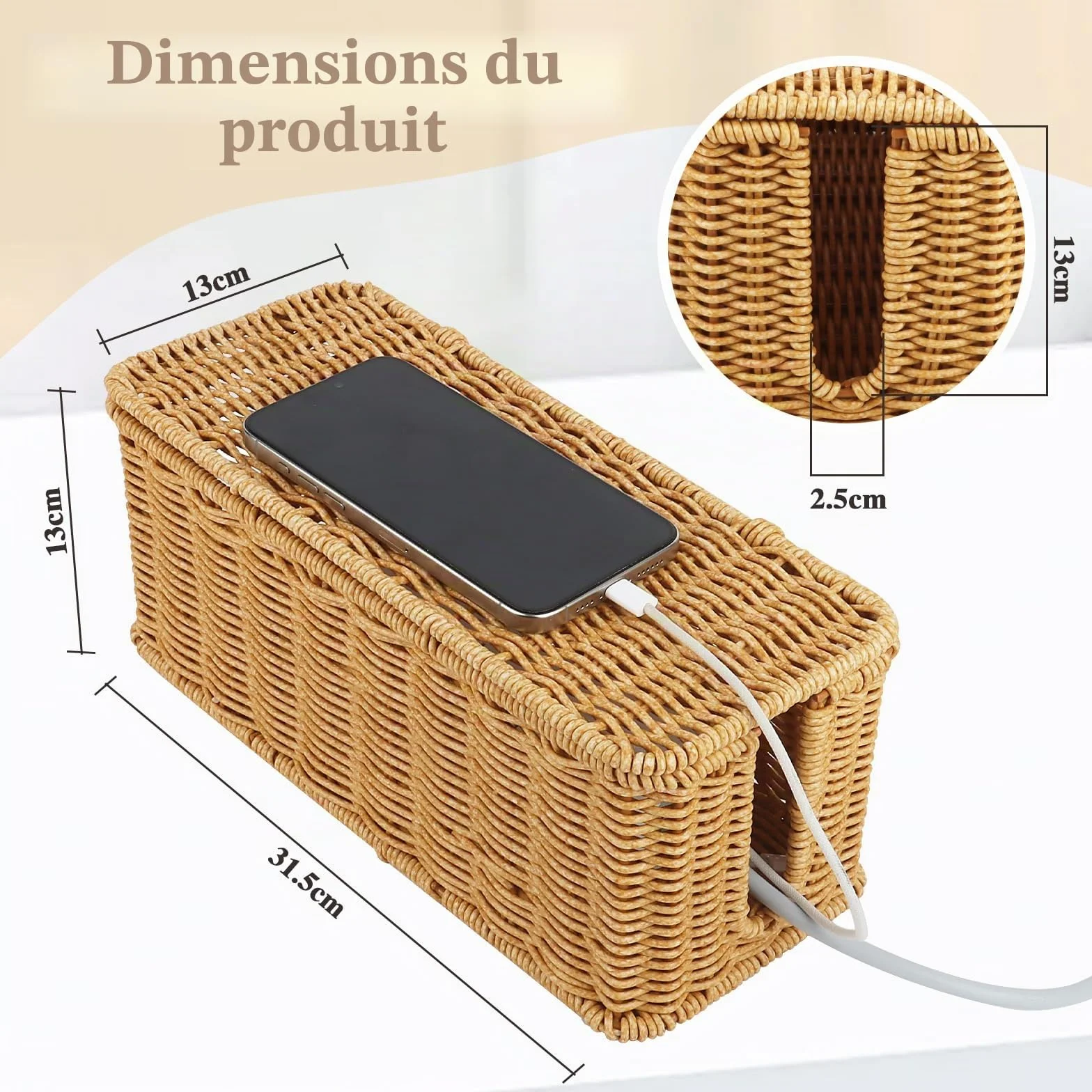 Boîte de Rangement pour Câbles en Rotin 31,5 x 13 x 13 cm
