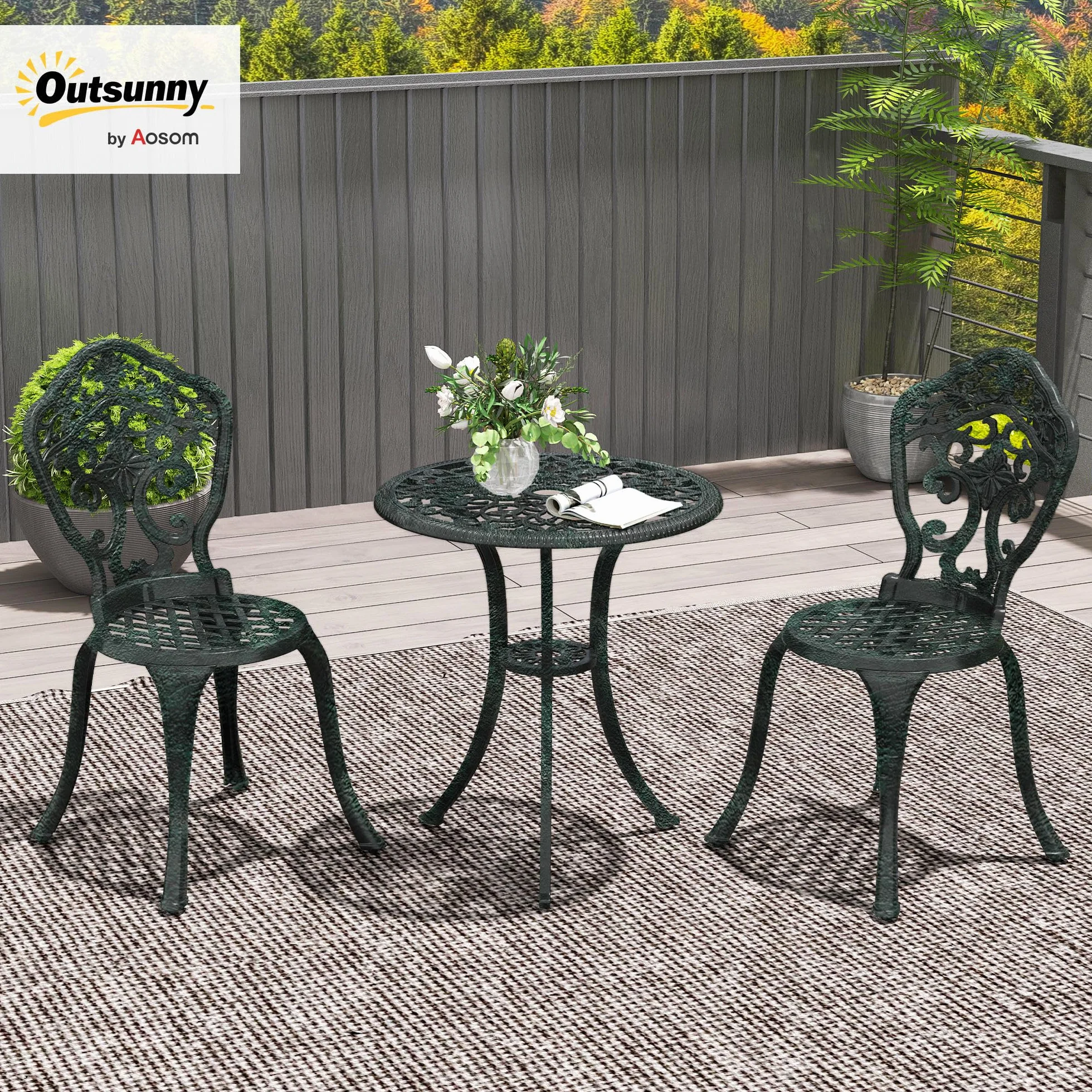 Outsunny Ensemble bistrot pour Jardin en Aluminium Salon de Jardin 3 pièces 2 chaises + 1 Table Ronde Imitation Fer forgé Vert