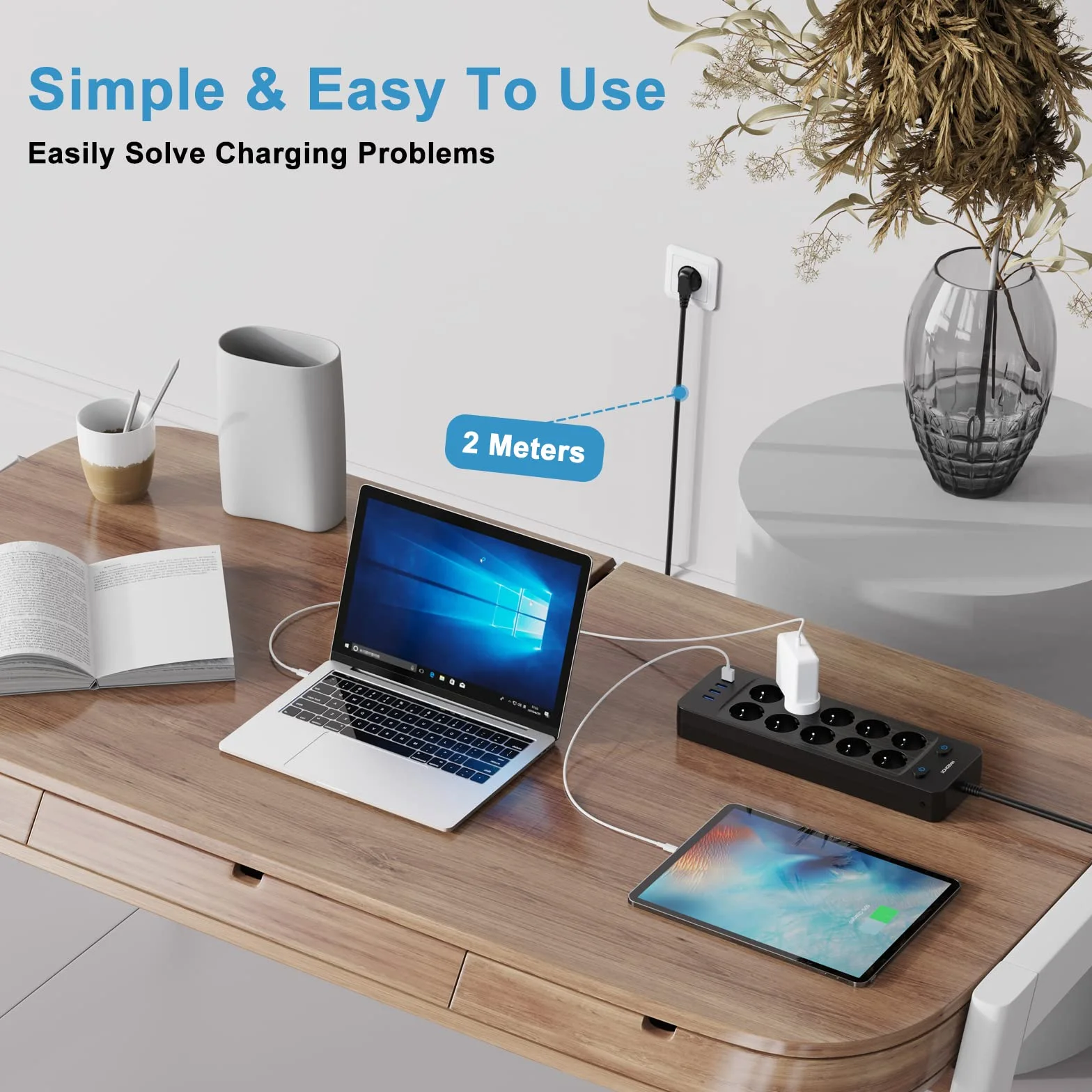Multiprise Electrique 10 Prises 4 Ports USB Parafoudre 16A/3680W Câble 2M Noir